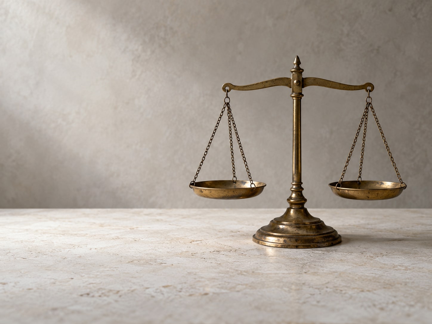 A balance scale with two empty trays on a plain tabletop.