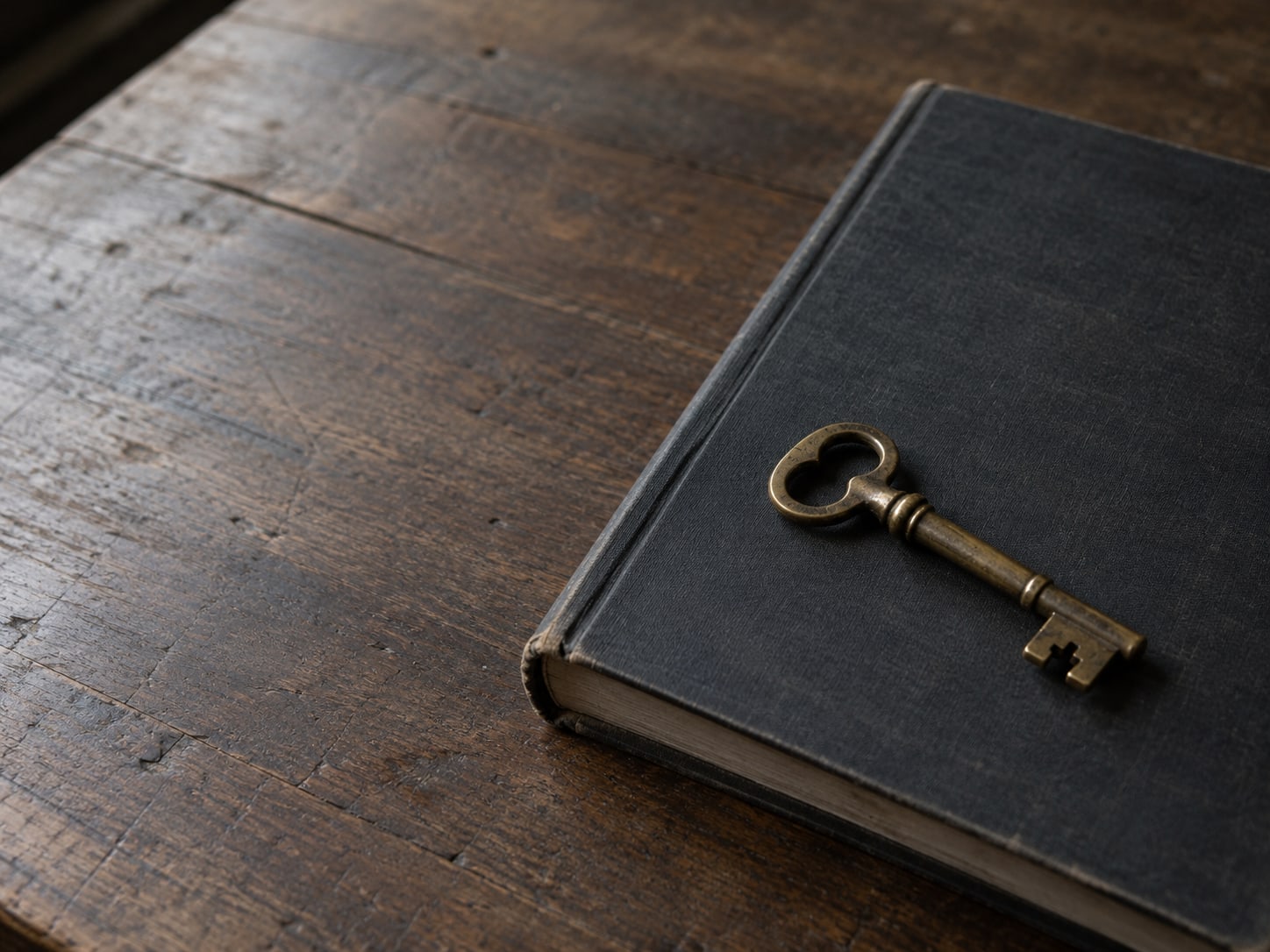 A brass key resting on a closed ledger on a wooden desk.