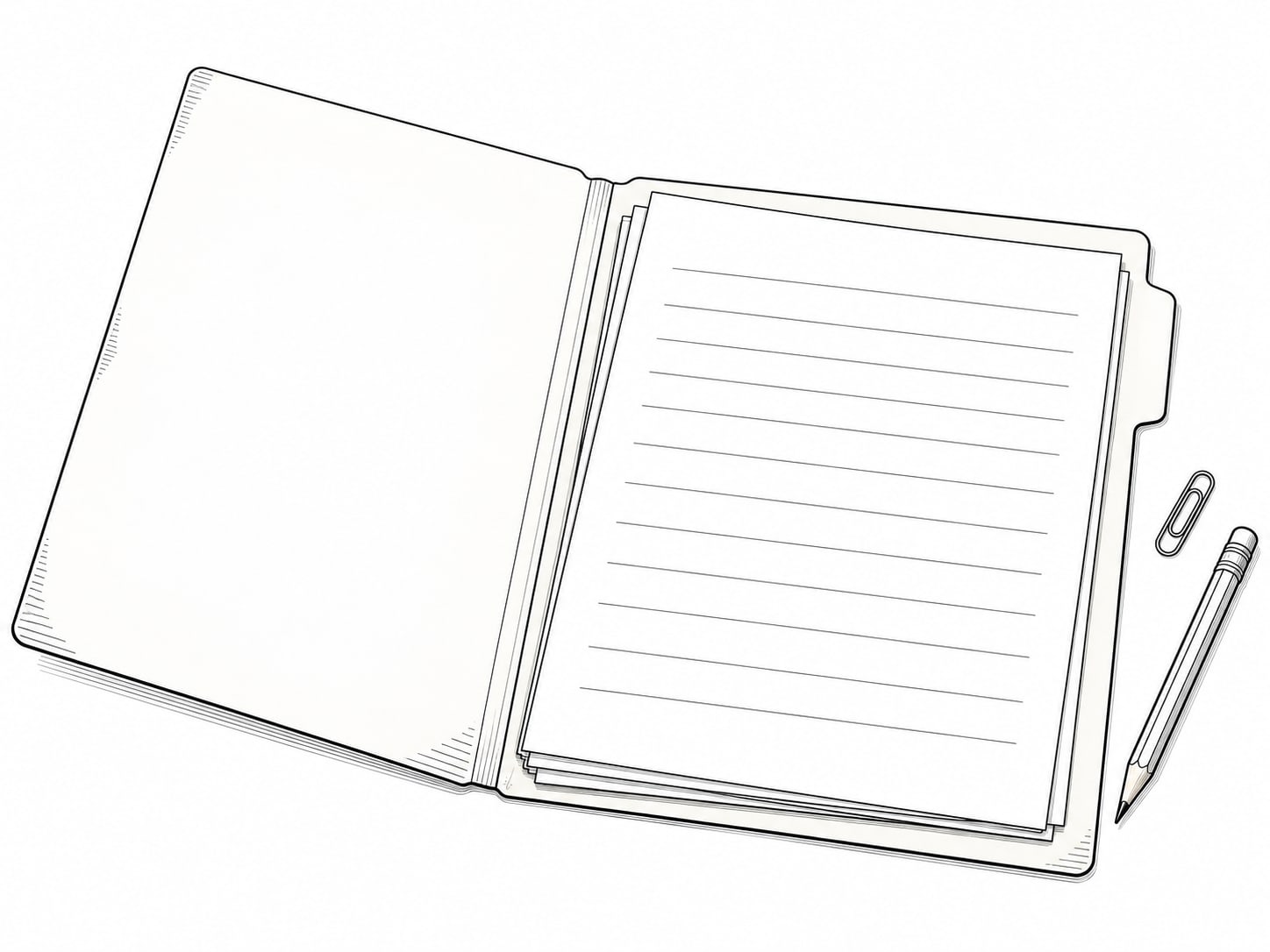 A manila folder holding loose blank pages, a paper clip and a pencil on a desk.