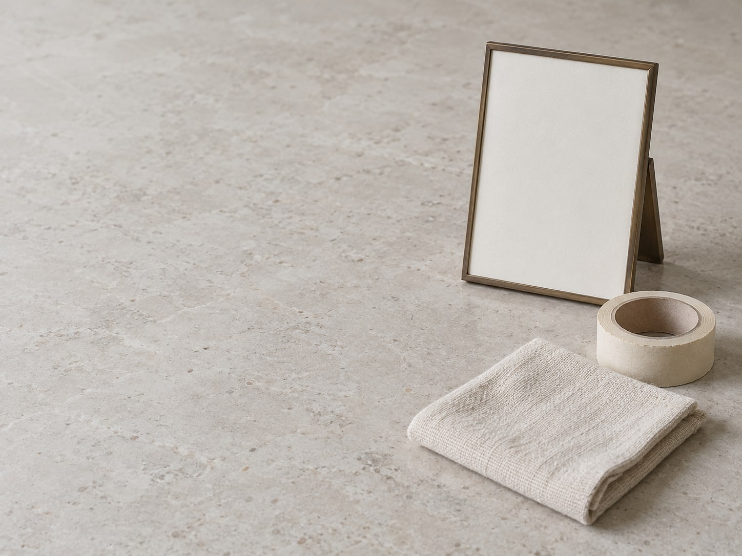A framed counter sign in a plain holder next to a small roll of tape and a cleaning cloth.