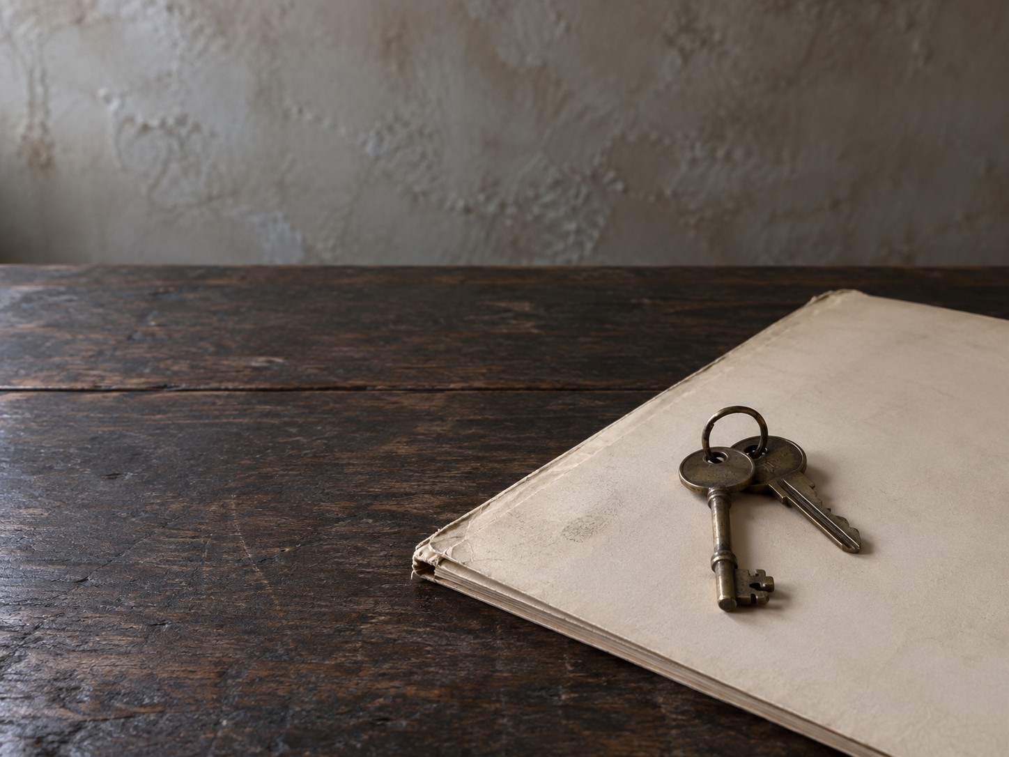 Two brass keys on a ring resting on a closed paper folder on a dark wooden desk.