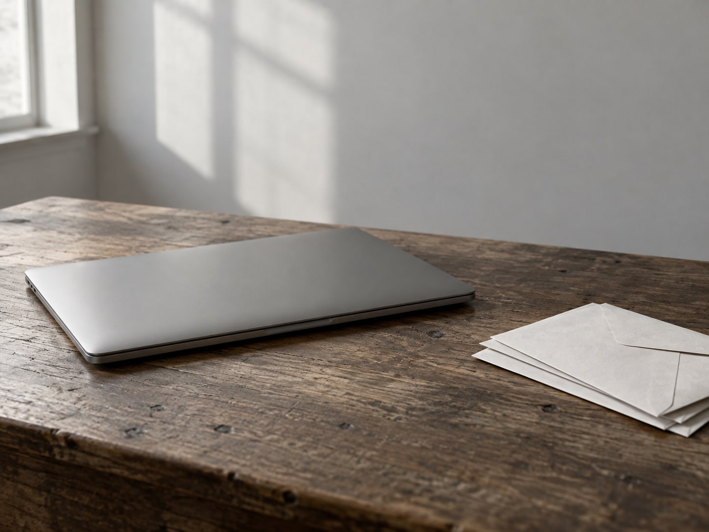A closed laptop beside a small stack of unopened envelopes on a worn wooden desk.