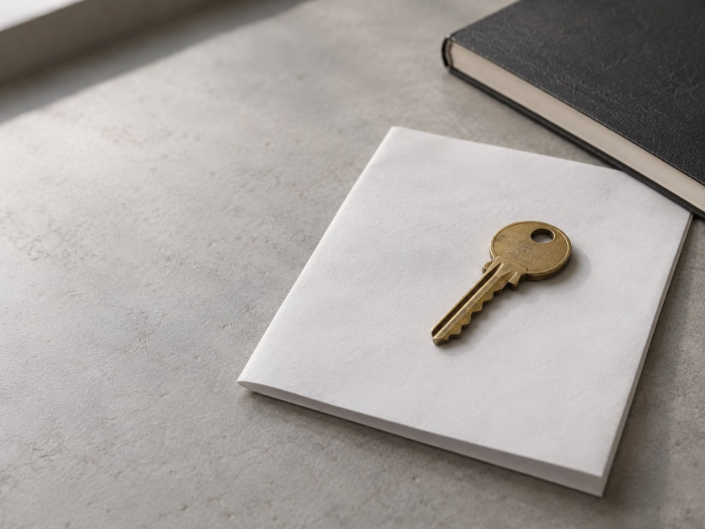 A single brass key resting on a folded blank sheet of paper next to a closed notebook on a desk.