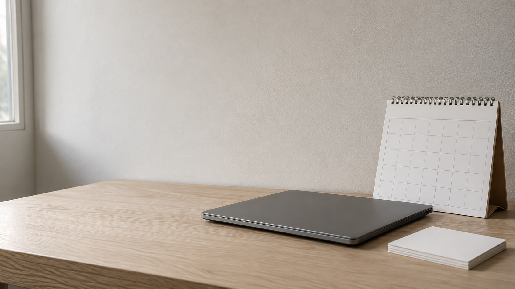 A closed laptop, a blank wall calendar and a small stack of plain index cards arranged on a light oak desk.