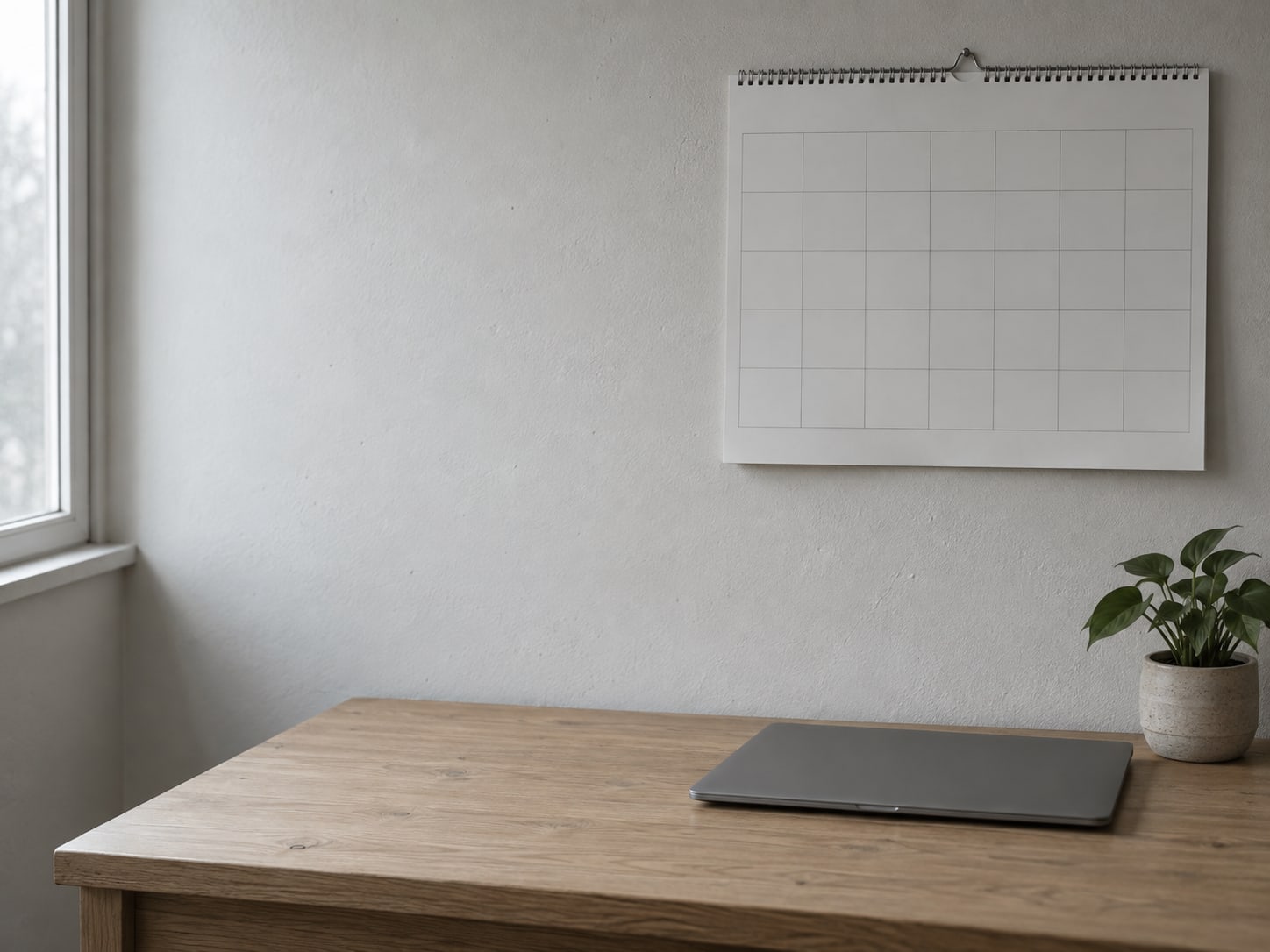 A wall calendar with blank squares hanging above a tidy desk with a closed laptop and a small potted plant.
