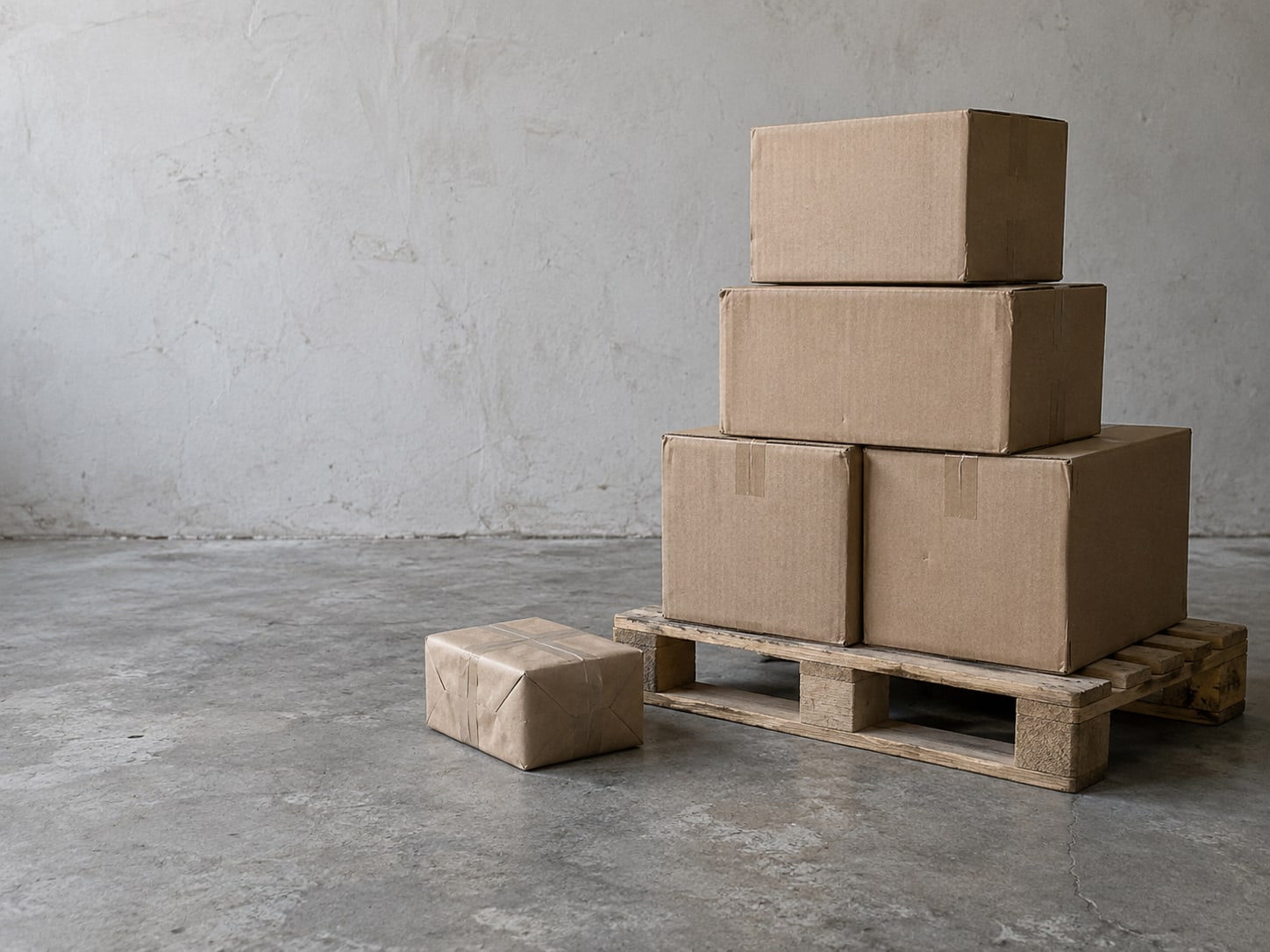 Una pequeña tarima de madera apilada con cajas selladas junto a un solo paquete con cinta sobre un piso de almacén sin acabados.