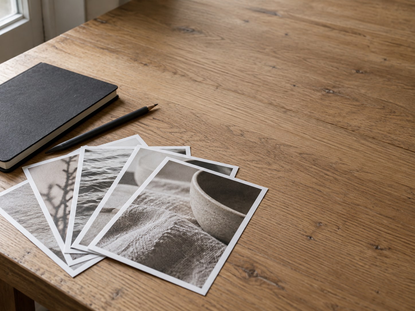 Printed photos of finished work fanned out beside a pencil and a plain notebook on an oak table.