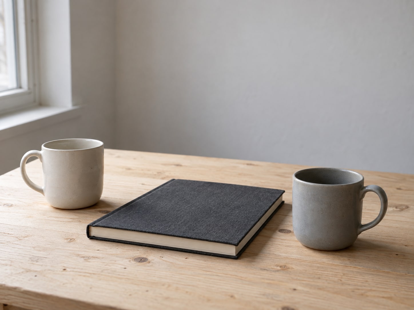 Two ceramic mugs set on either side of a closed sketchbook on a pale wooden table.