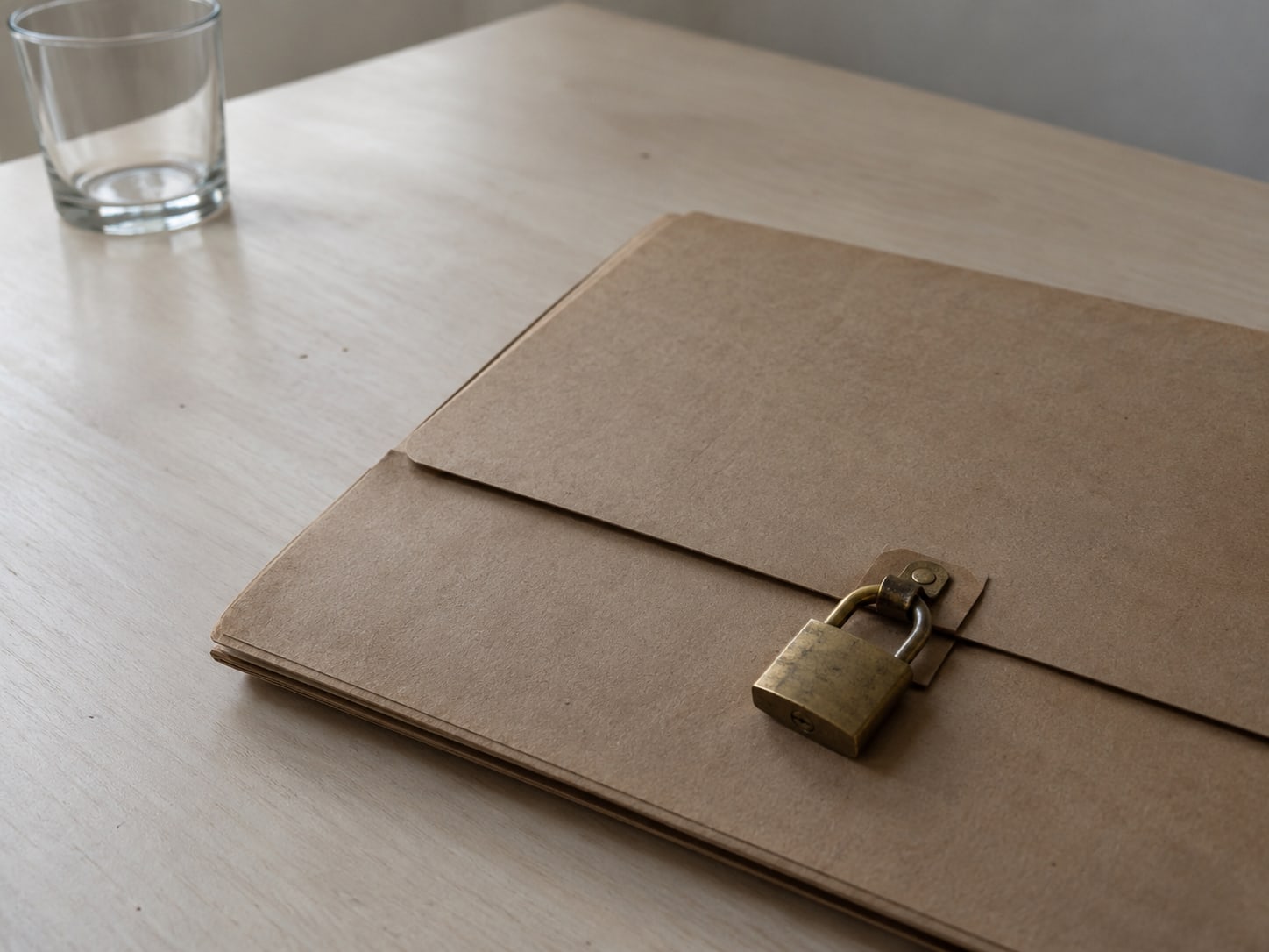 A kraft folder with a small brass padlock closed on its clasp, sitting on a clean desk beside an empty glass of water.