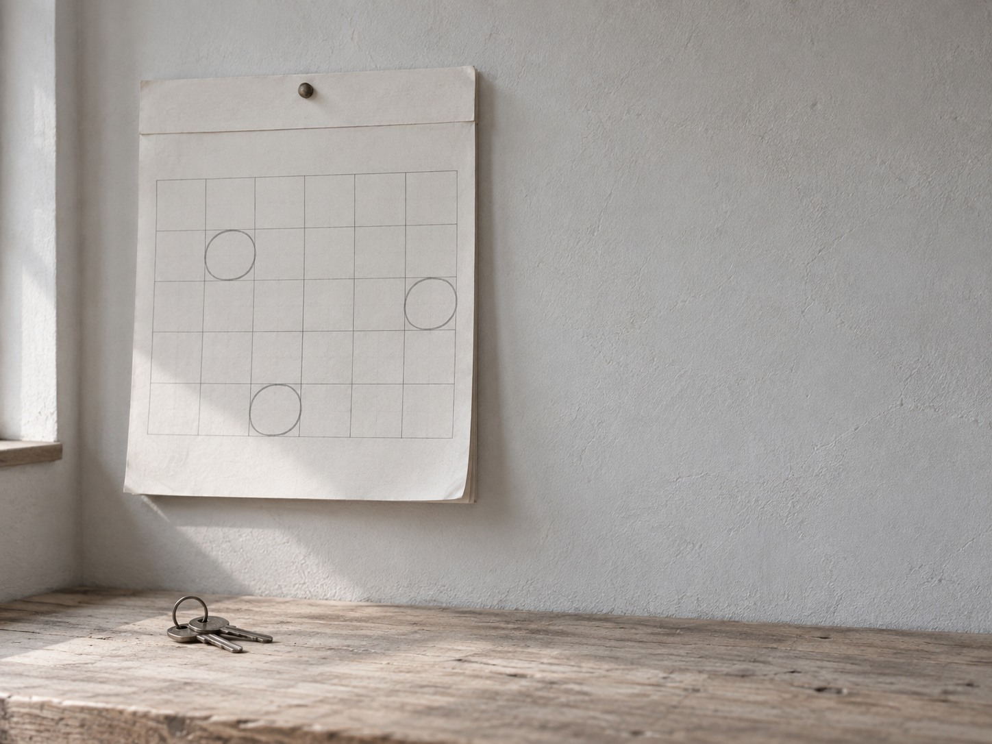 A paper wall calendar with a few days lightly circled in pencil, hanging above a small key ring on a wooden counter.