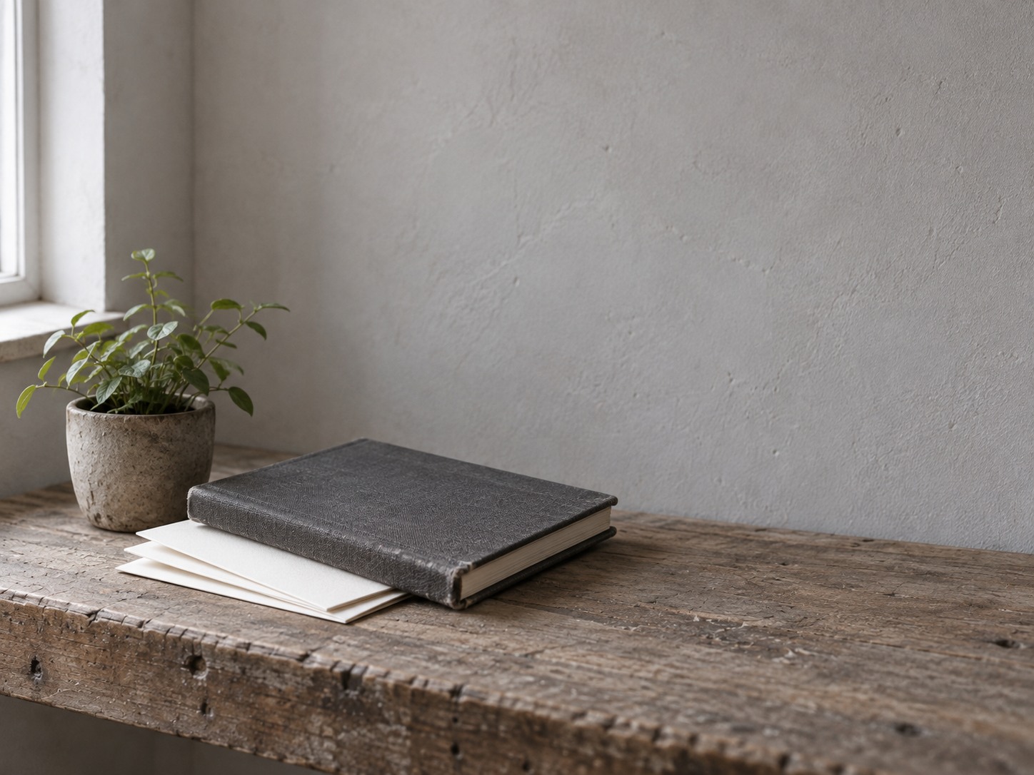 A closed notebook resting on a short stack of blank folded cards on a wooden shelf, with a small potted plant beside them.
