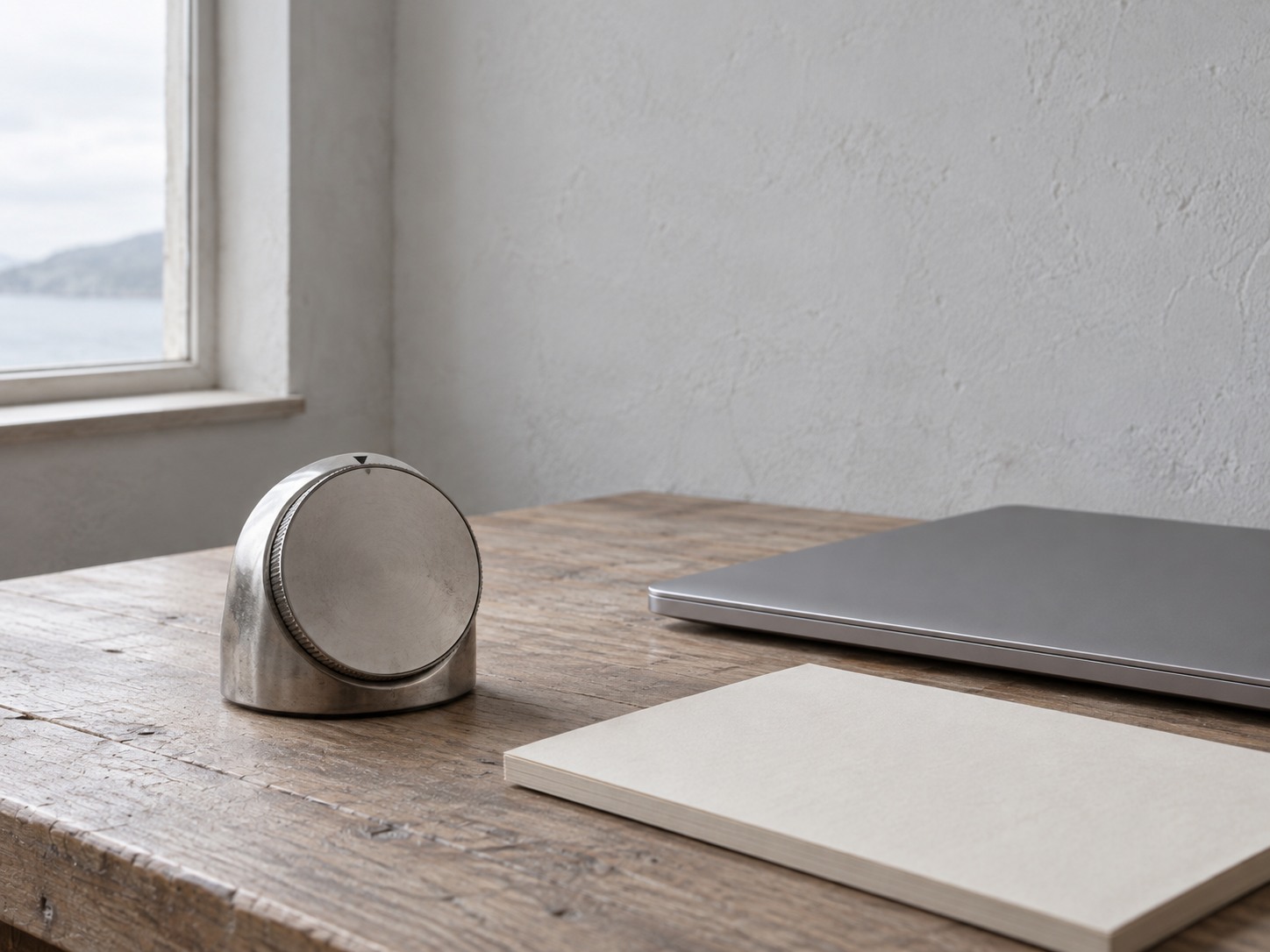 A small kitchen timer next to a blank notepad and a closed laptop on a tidy desk near a window.