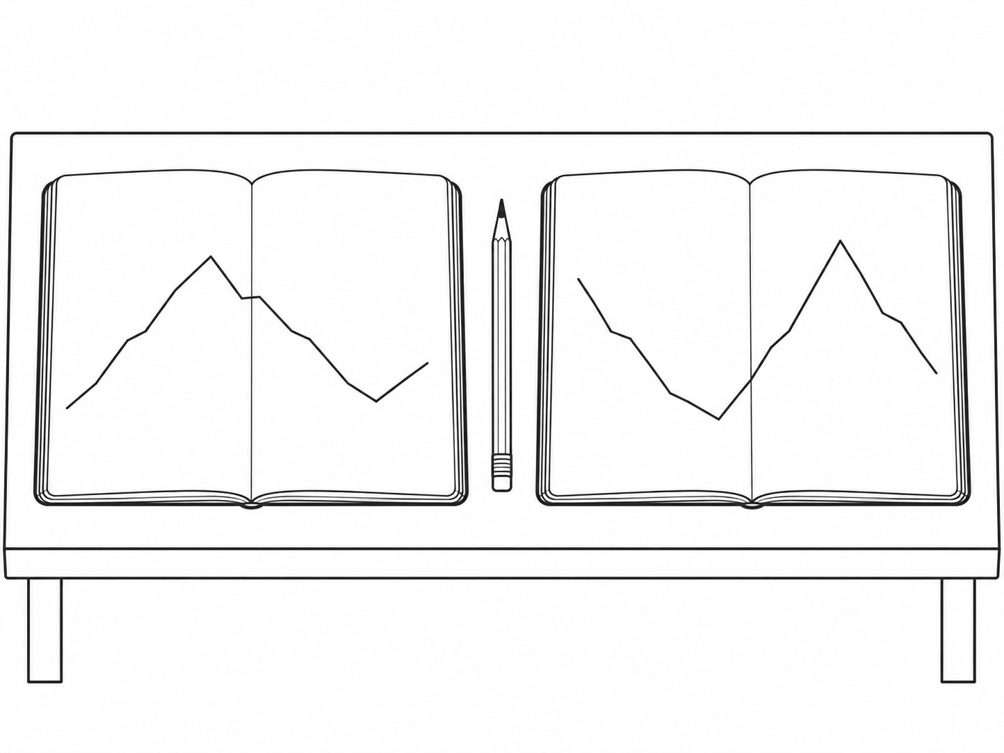 Two open notebooks side by side on a desk, each with a different pencil sketch of a rising and falling line, and a pencil resting between them.