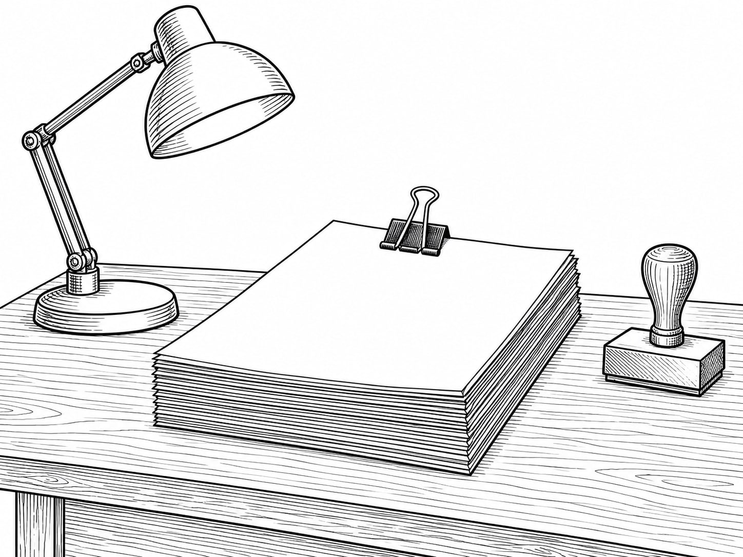 A stack of blank forms with a binder clip beside a desk lamp and a rubber stamp on a wooden desk.
