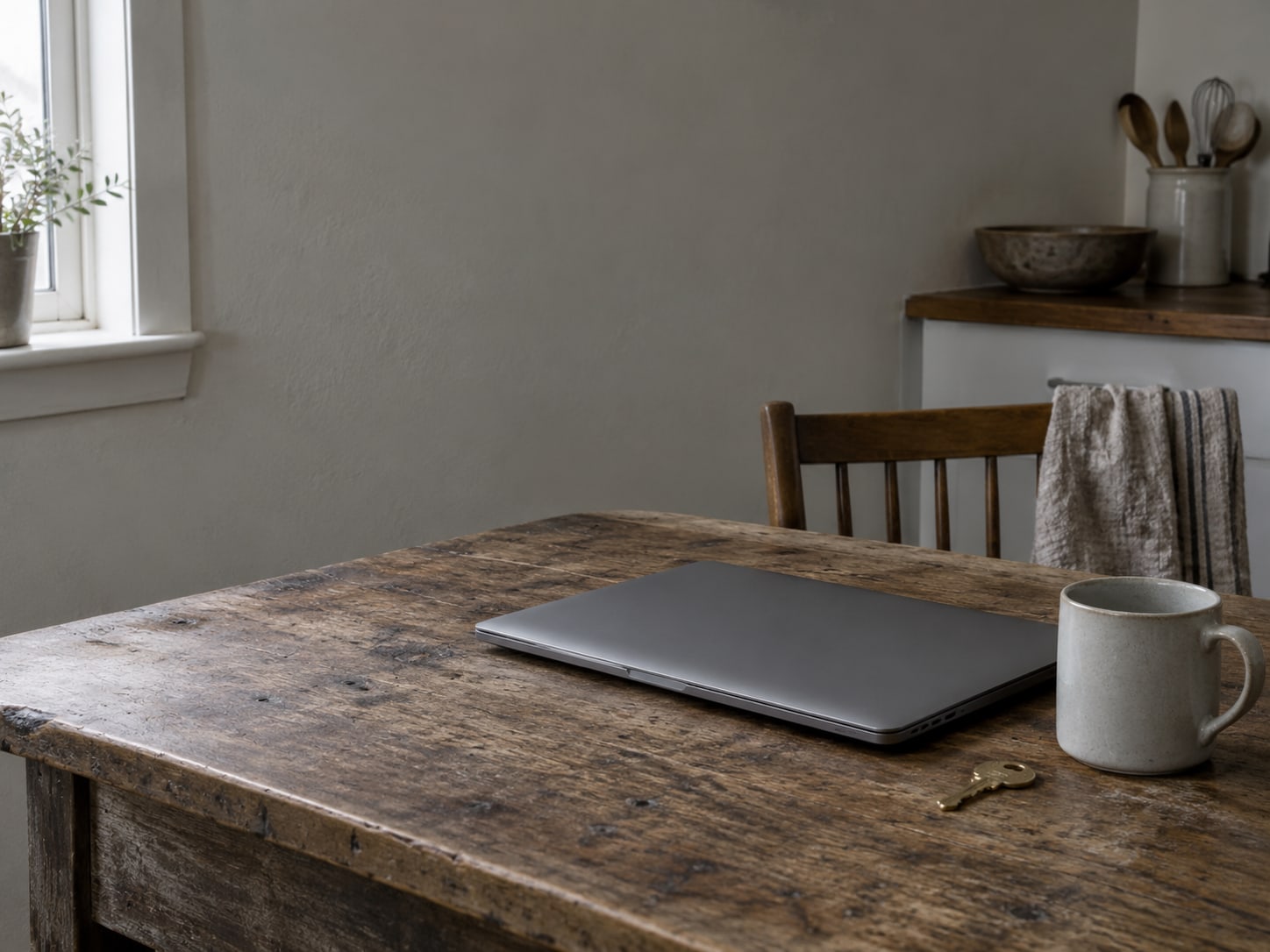 A closed laptop and a small brass house key on a wooden kitchen table beside an empty coffee mug.
