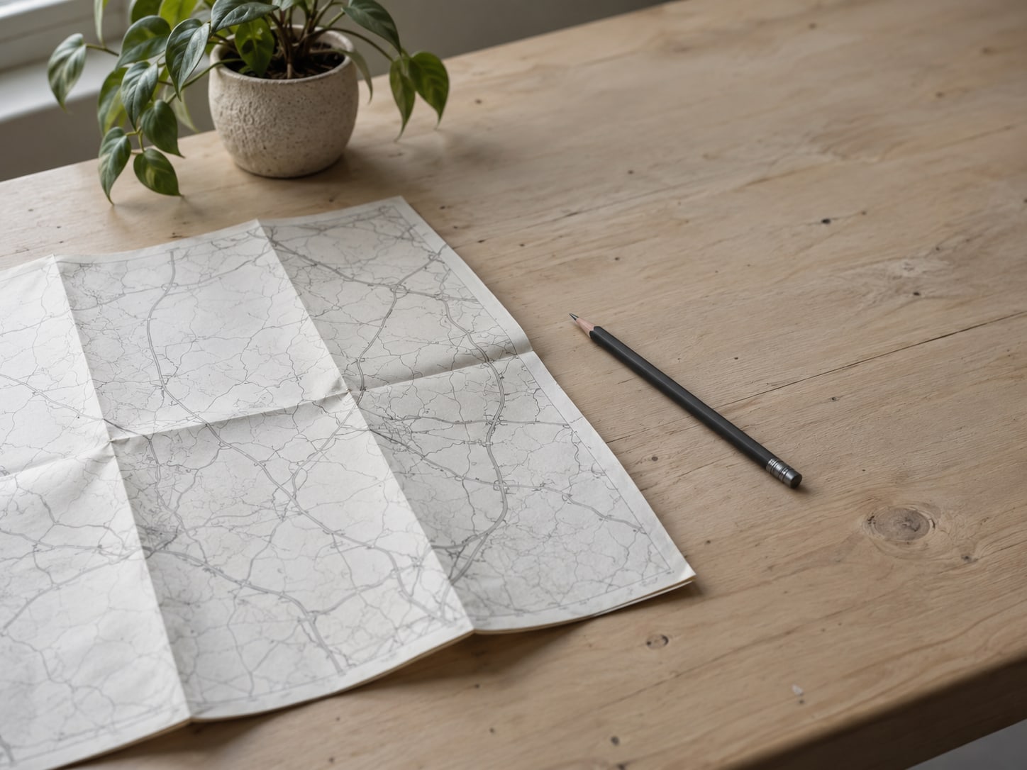 A paper road map folded beside a pencil and a small potted plant on a pale desk.