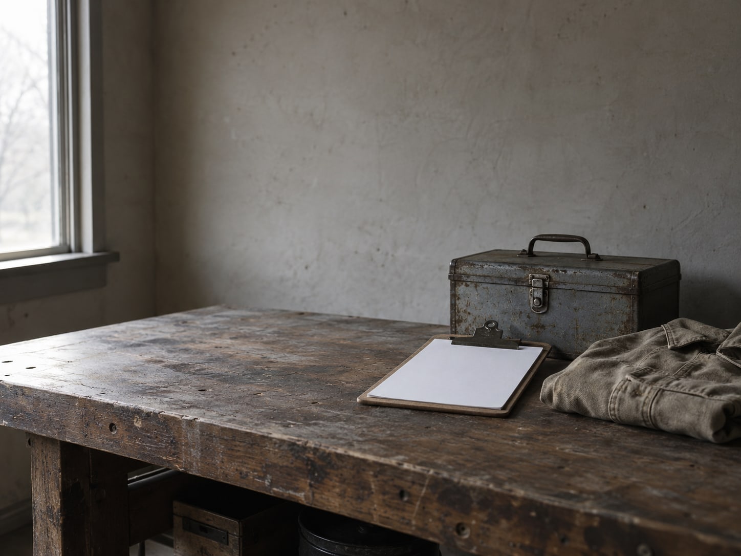 A small toolbox, a clipboard with blank paper and a folded work jacket on a garage workbench.