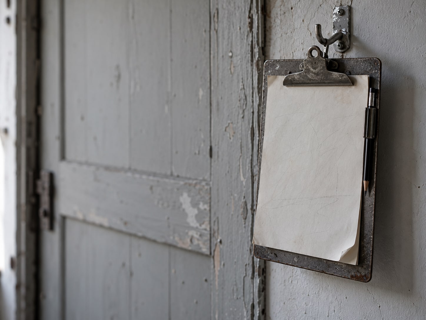 A pencil-marked paper checklist on a clipboard hanging from a hook beside a workshop door.