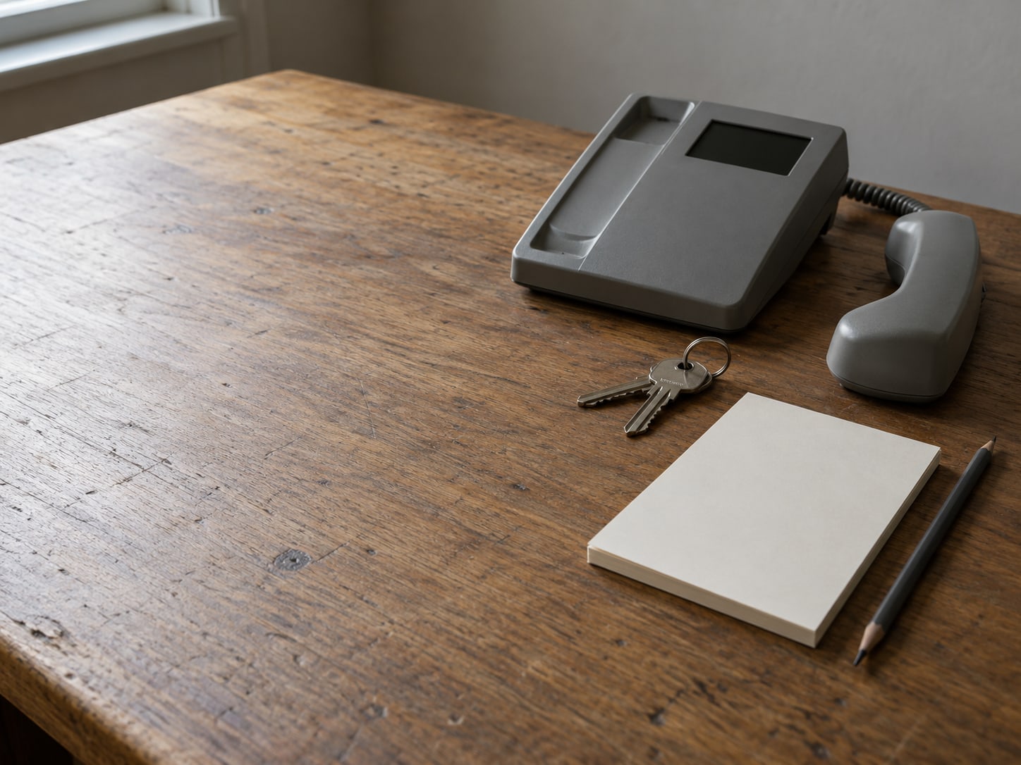 A desk phone with its handset resting beside a ring of keys and a blank notepad with a pencil.