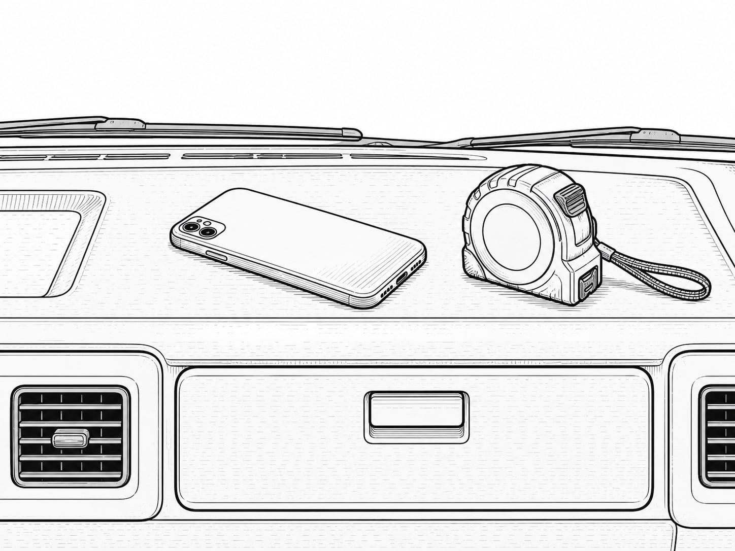A phone lying face down on the dashboard of a parked work truck beside a coiled tape measure.