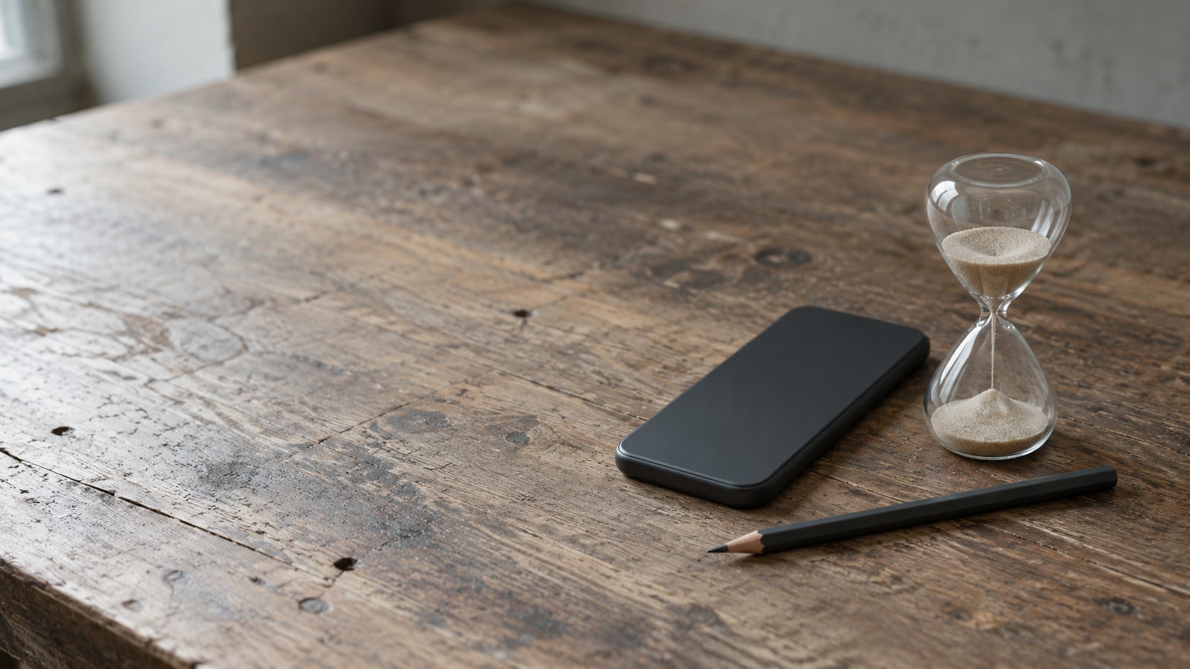 A closed work phone resting beside a sand timer and a pencil on a worn wooden workbench.