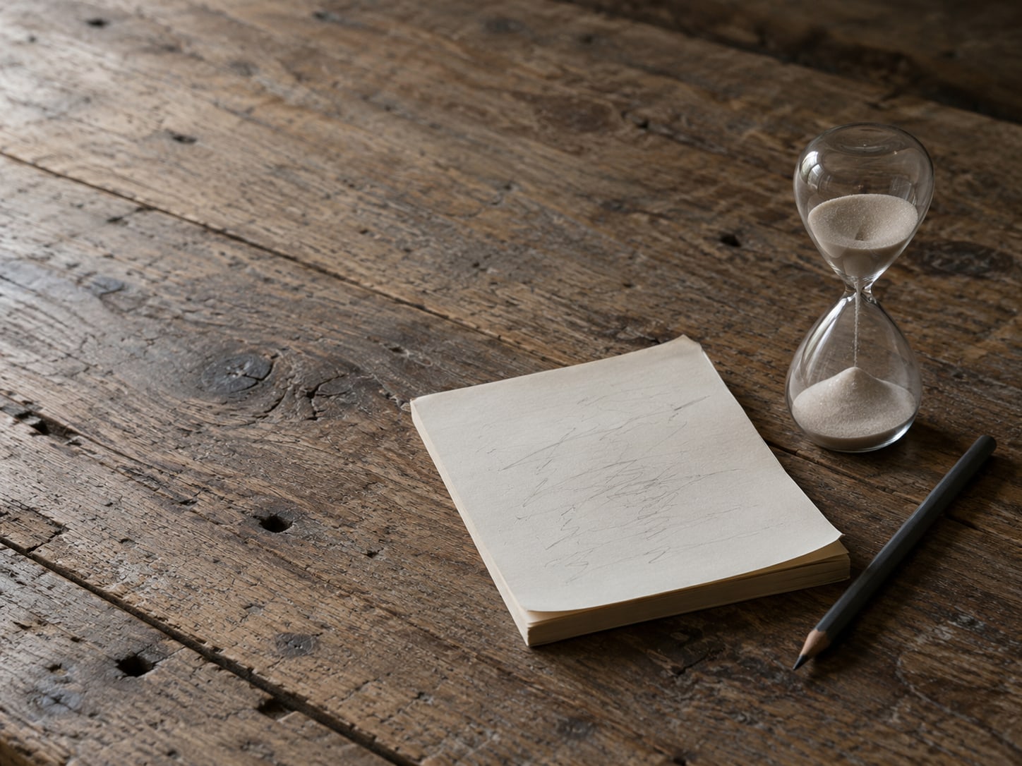 A sand timer standing beside a notepad covered in faint pencil marks on a wooden workbench.