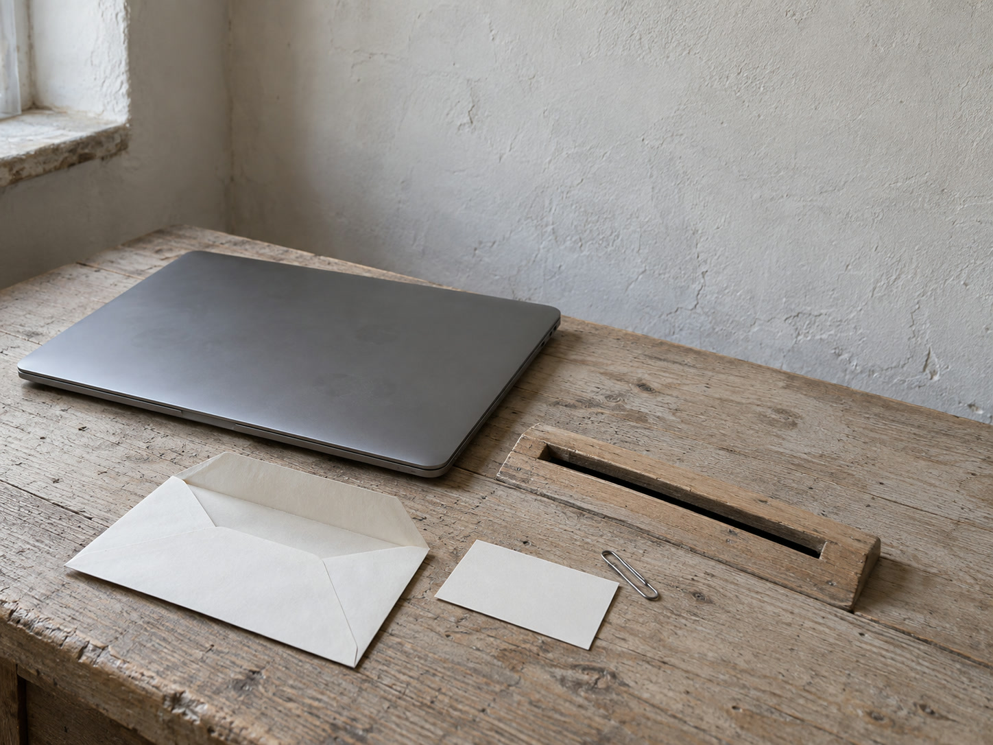 Una laptop cerrada sobre un escritorio de madera junto a un sobre, una tarjeta en blanco y una bandeja de cartas de madera.