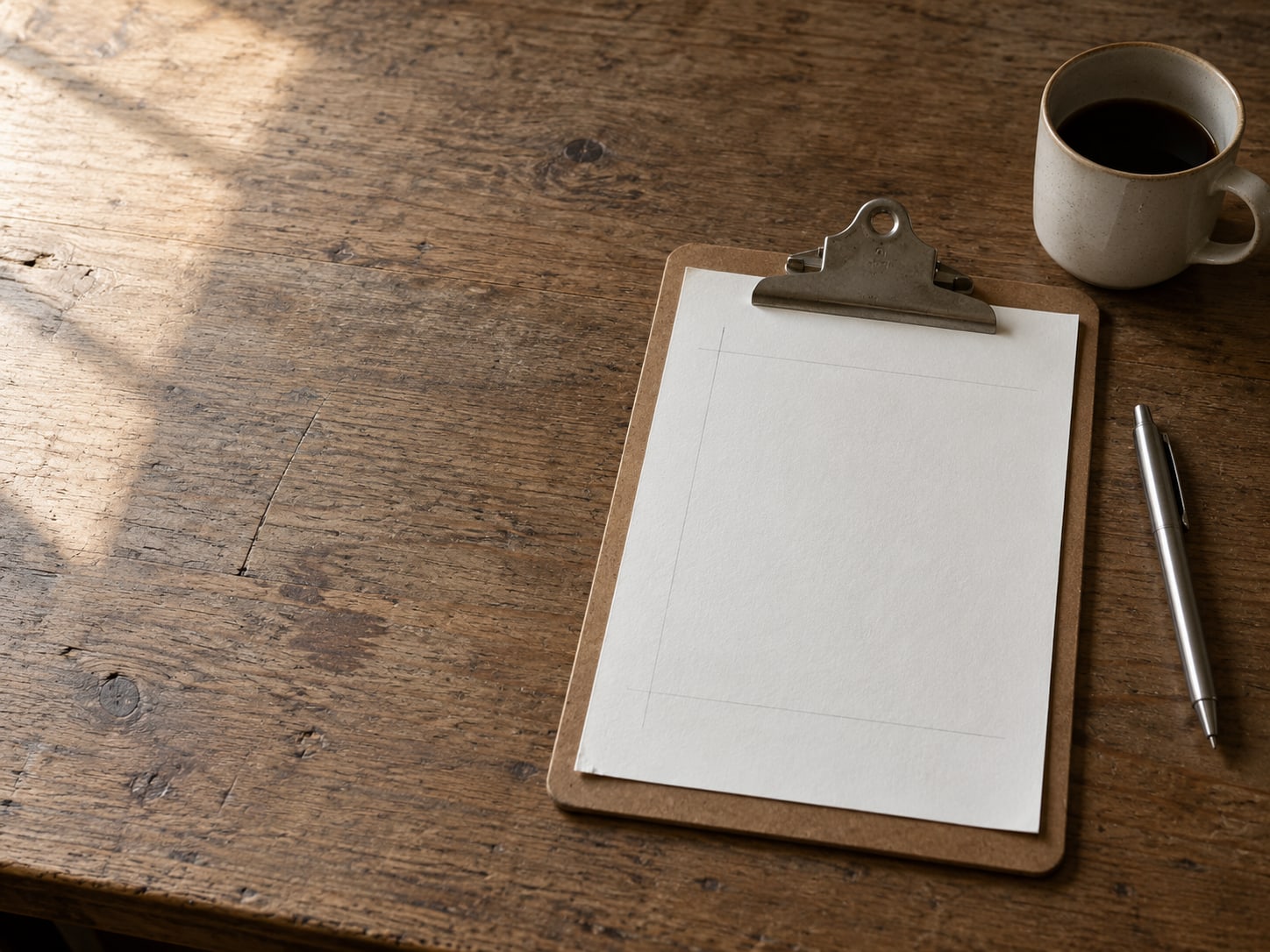 A plain clipboard holding a blank sheet with faint pencil lines beside a pen and a mug on a desk.