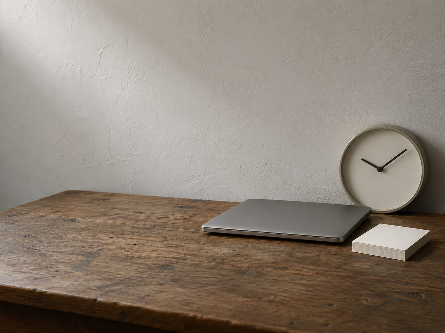 A closed laptop beside a small stack of blank index cards and a plain wall clock on a wooden desk.