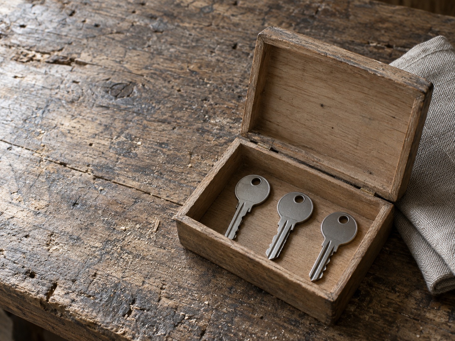 Una pequeña caja de madera con la tapa abierta, con algunas llaves sueltas dentro, sobre una mesa de trabajo rústica junto a una tela doblada.