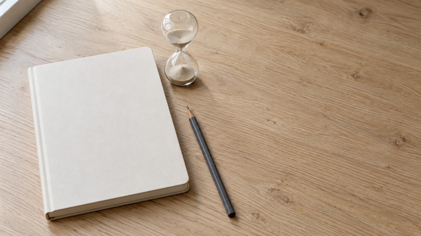 A closed paper planner beside a small sand timer and a sharpened pencil on a light oak desk.