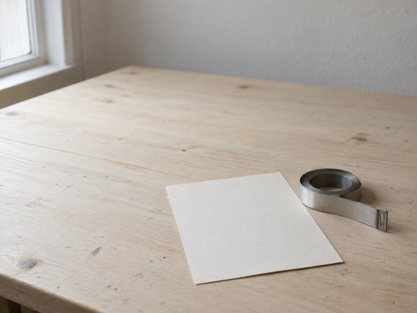 A single sheet of blank paper beside a tape measure coiled on a pale wooden desk.