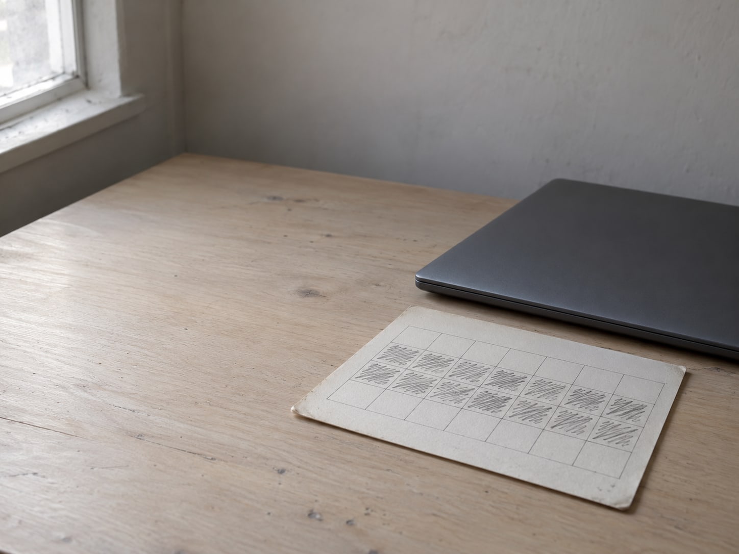 A paper desk calendar with three weeks of squares crossed off in pencil, beside a closed laptop.