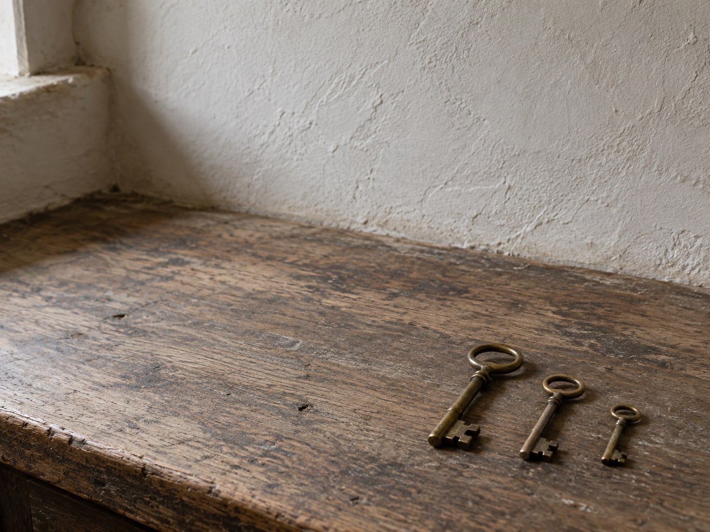 A row of three small brass keys laid on a worn wooden counter, each a different size.