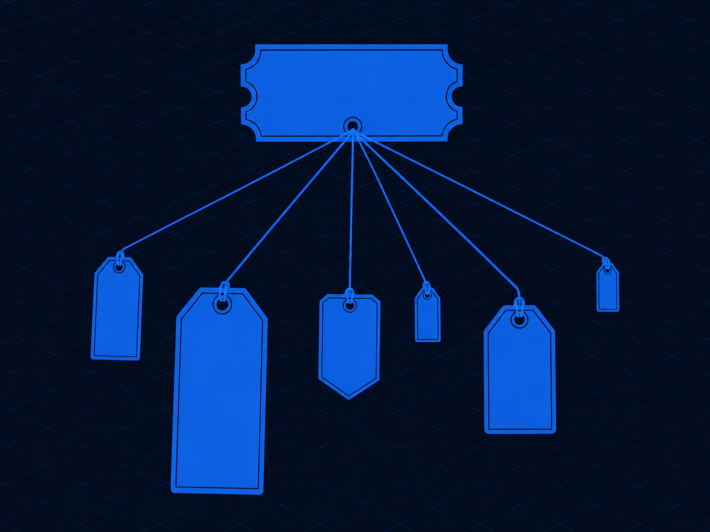 Six price tags of wildly different sizes hanging from one identical job ticket, illustrating how the same request gets quoted six different ways.