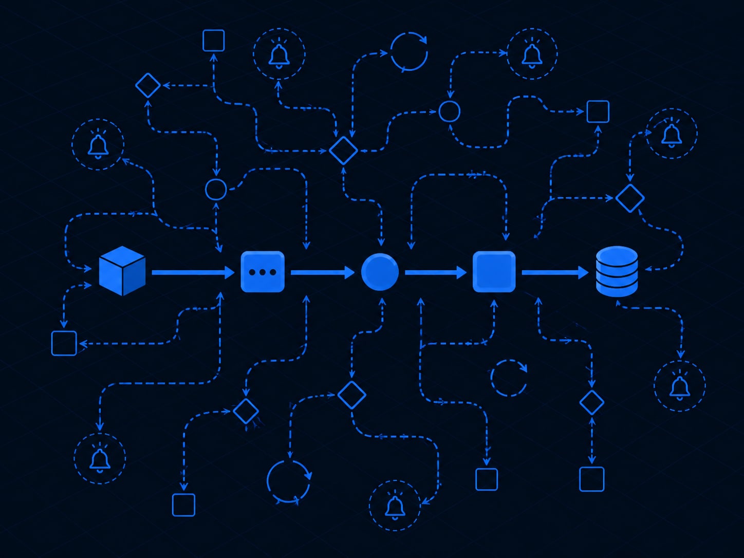 A workflow diagram where the happy path is short and clean while the exception branches, retries and alerts make up most of the structure.