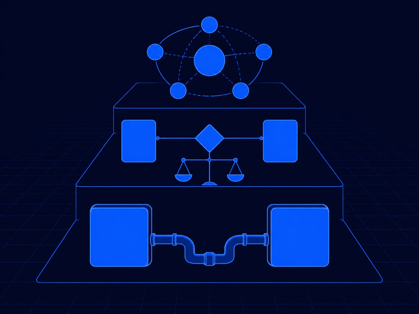 Three stacked tiers rising from simple plumbing between two apps, to a step with judgement added, to a system acting on its own.