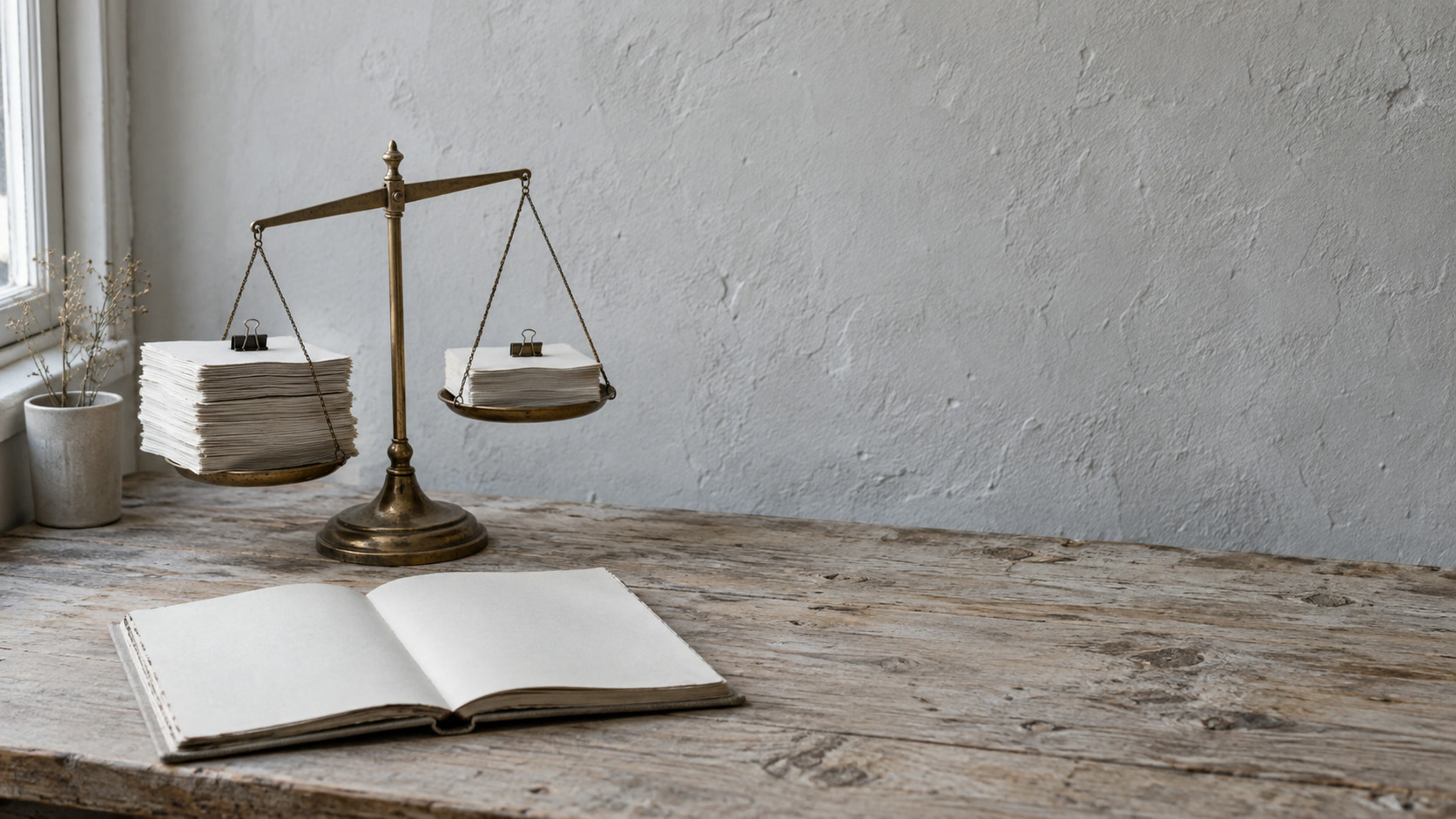 A brass balance scale with small stacks of paper on each pan, beside an open blank notebook on a wooden desk.
