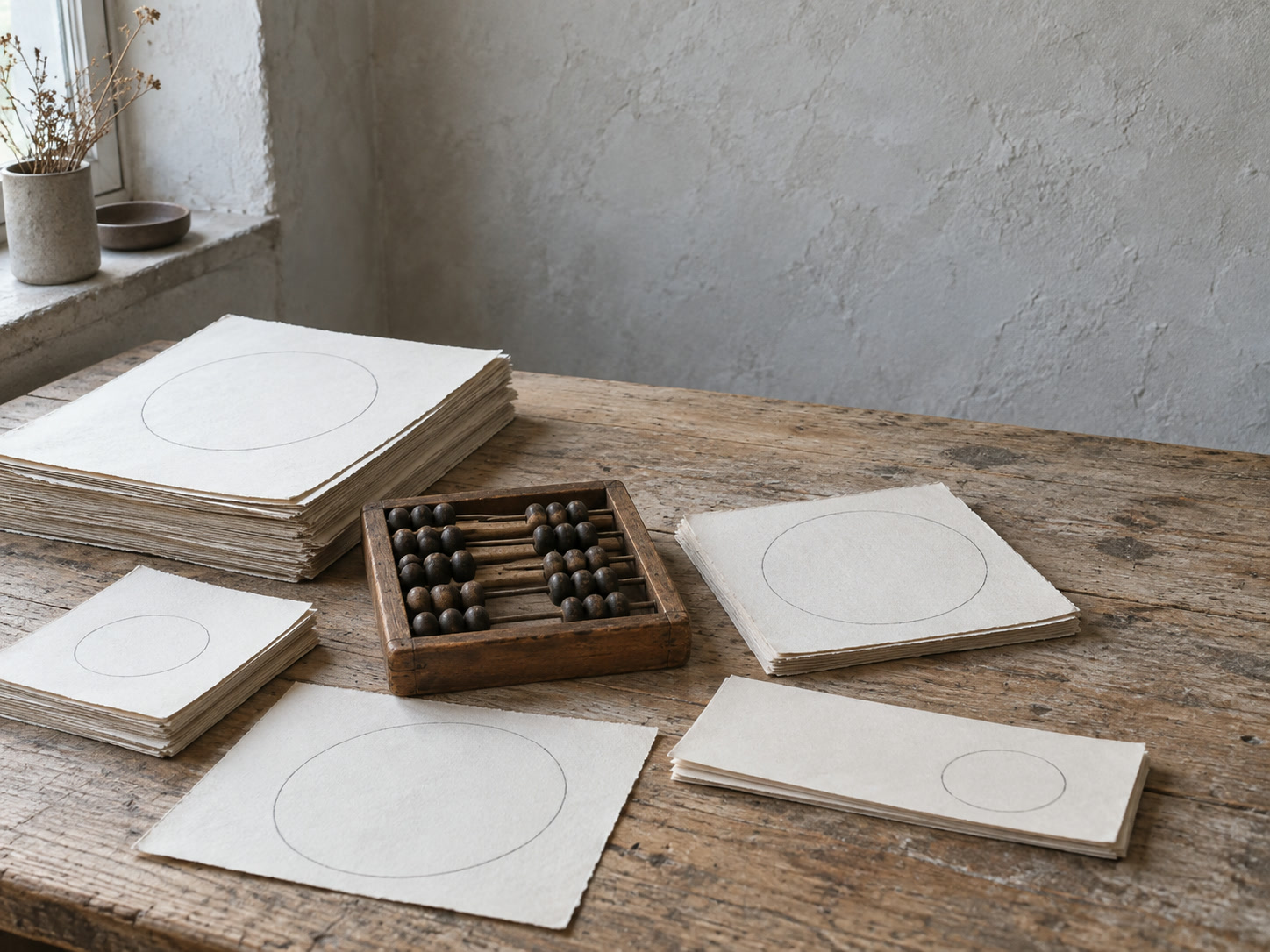 Several stacks of paper with faint circles drawn on them, spread around a small wooden abacus on a desk.