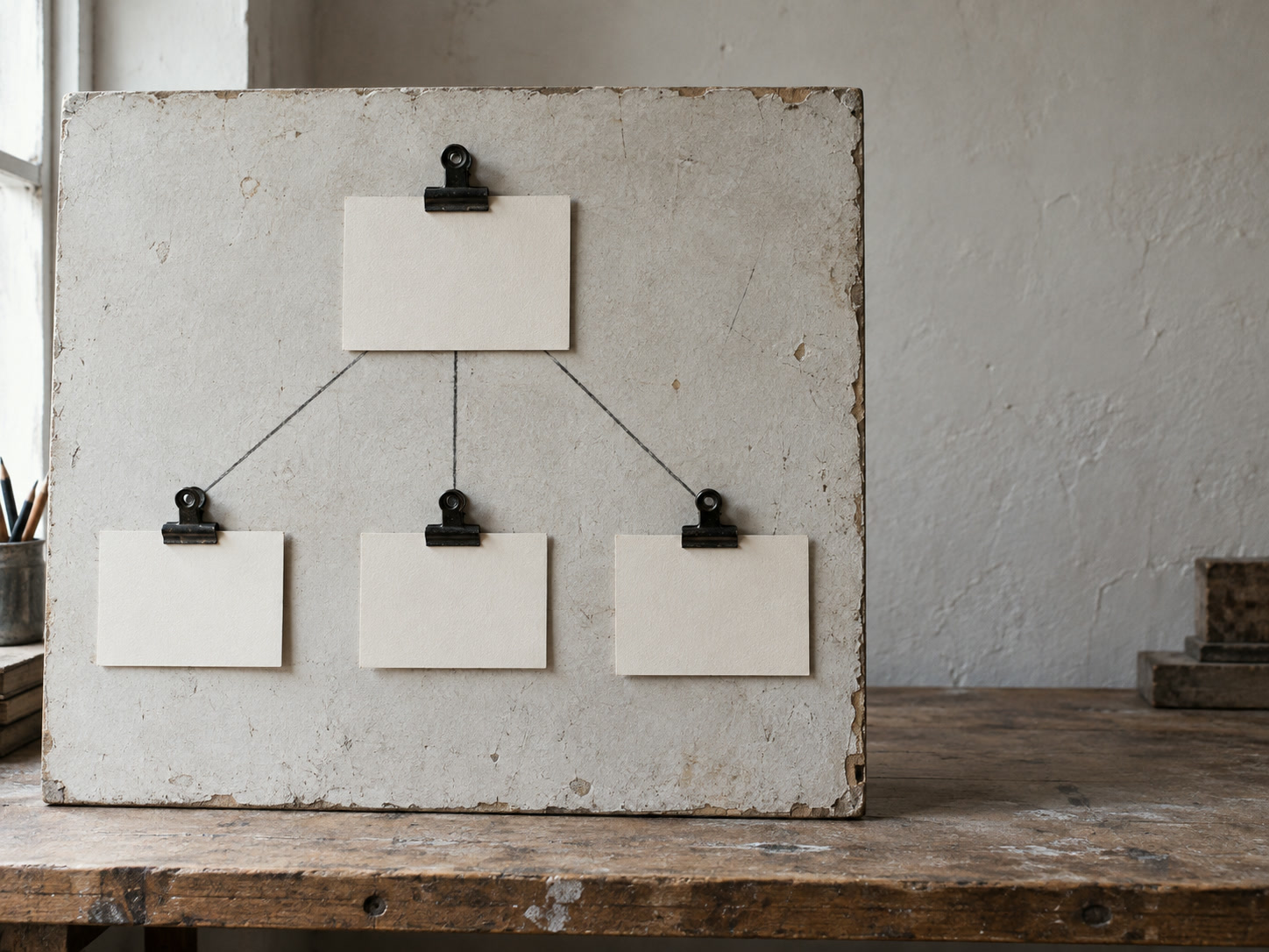 A board with one card clipped at the top, joined by strings to three cards clipped below it.