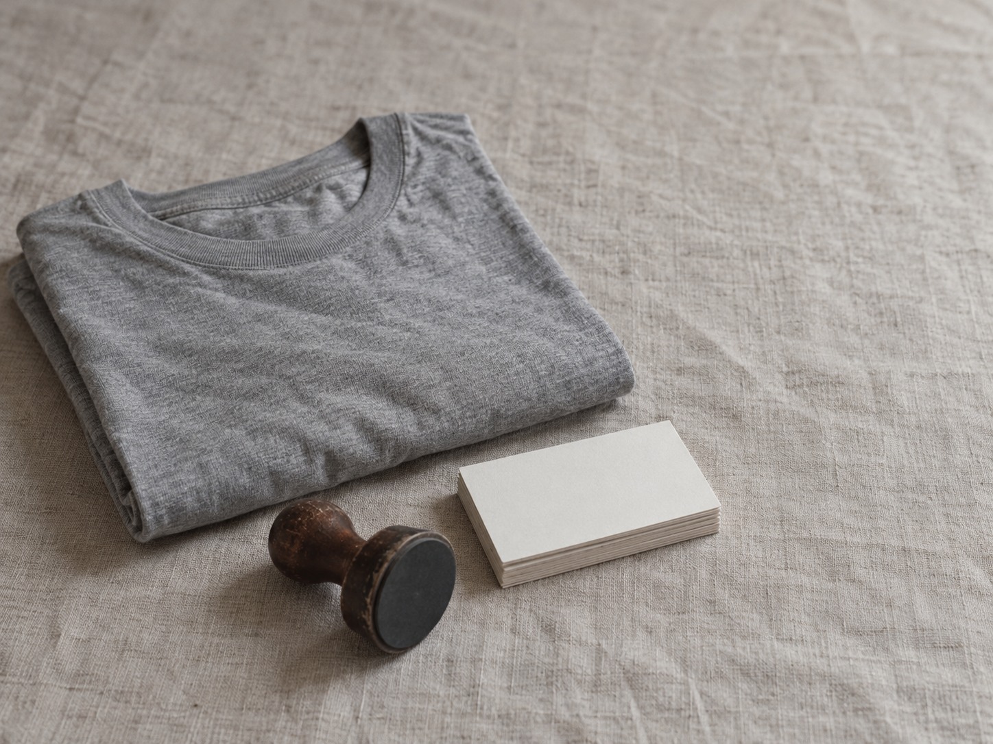 A folded plain T-shirt, a small stack of blank business cards and a round rubber stamp with no design on a linen surface.