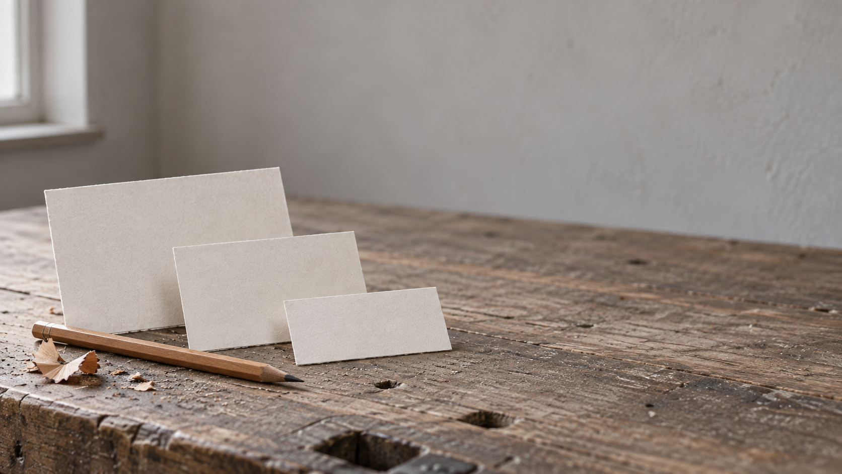 A few blank paper cards of different sizes and a sharpened pencil on a drafting table.
