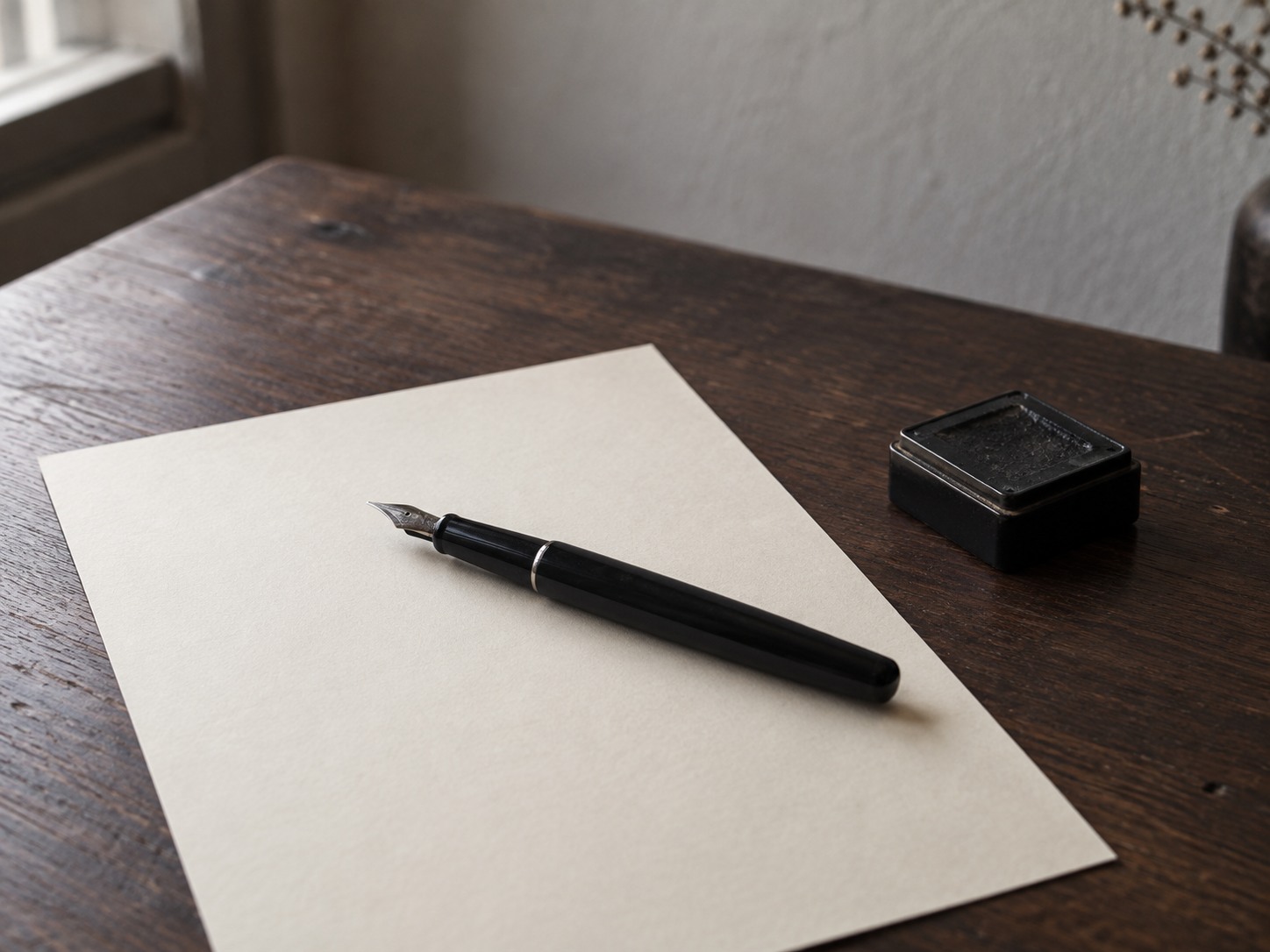 A blank sheet of paper with a fountain pen resting across it and a small ink pad beside it on a walnut desk.