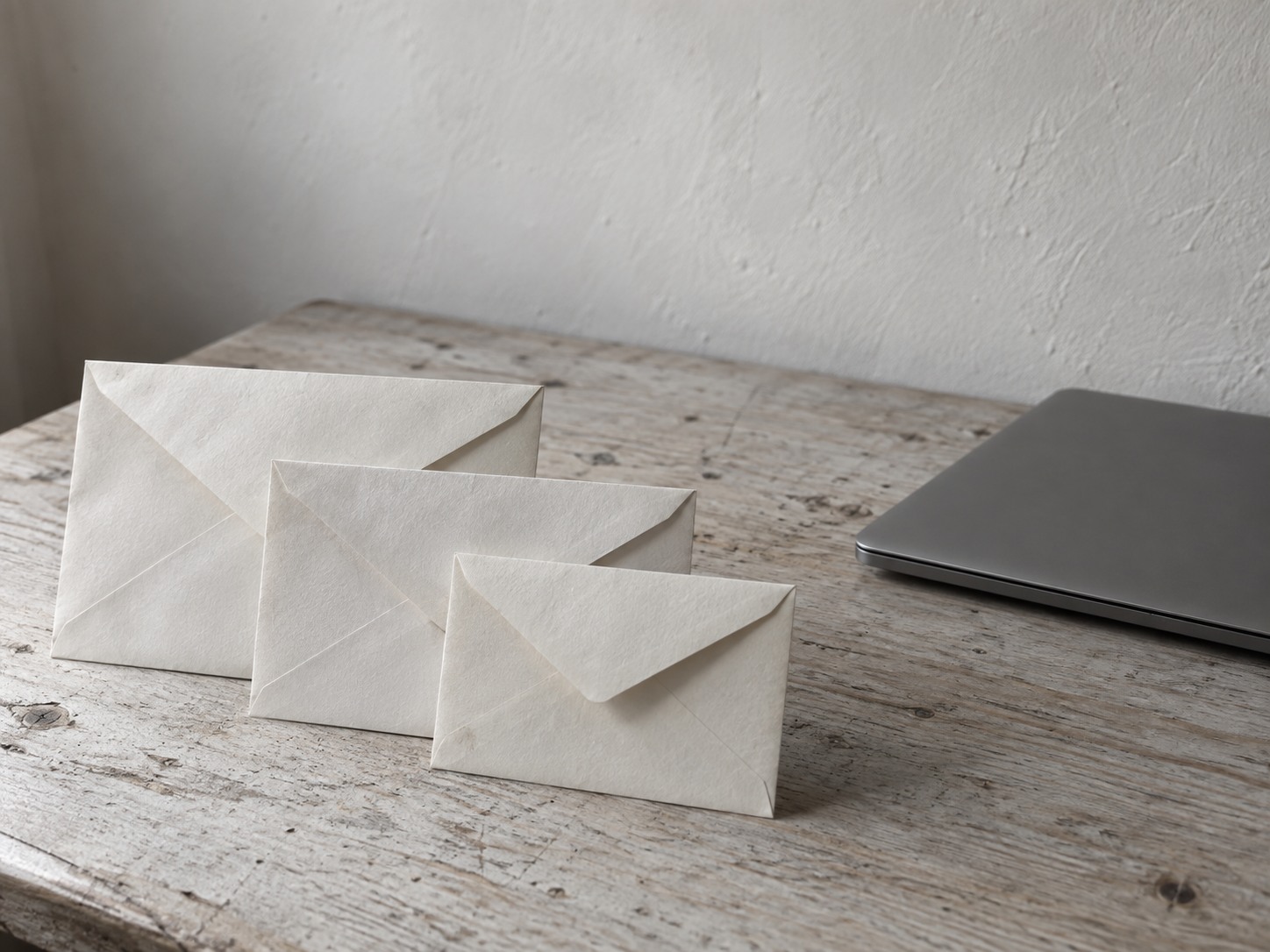Three plain envelopes of different sizes lined up on a pale wooden desk beside a closed laptop.