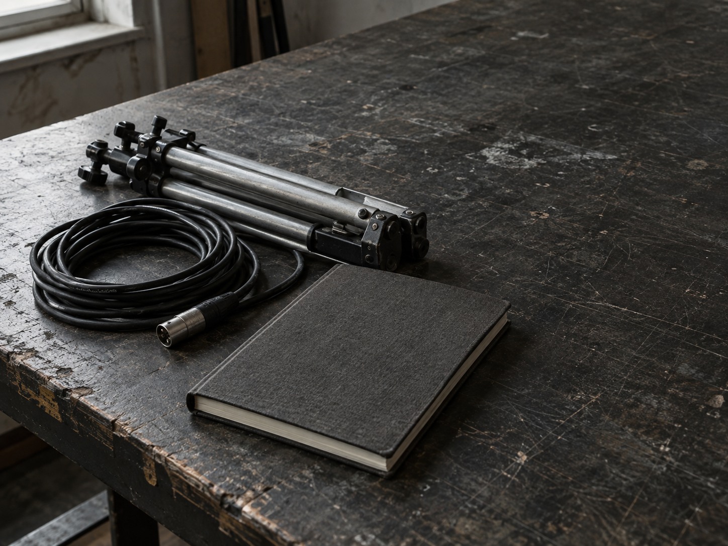 A coiled microphone cable, a small light stand folded flat and a closed notebook arranged on a dark workbench.