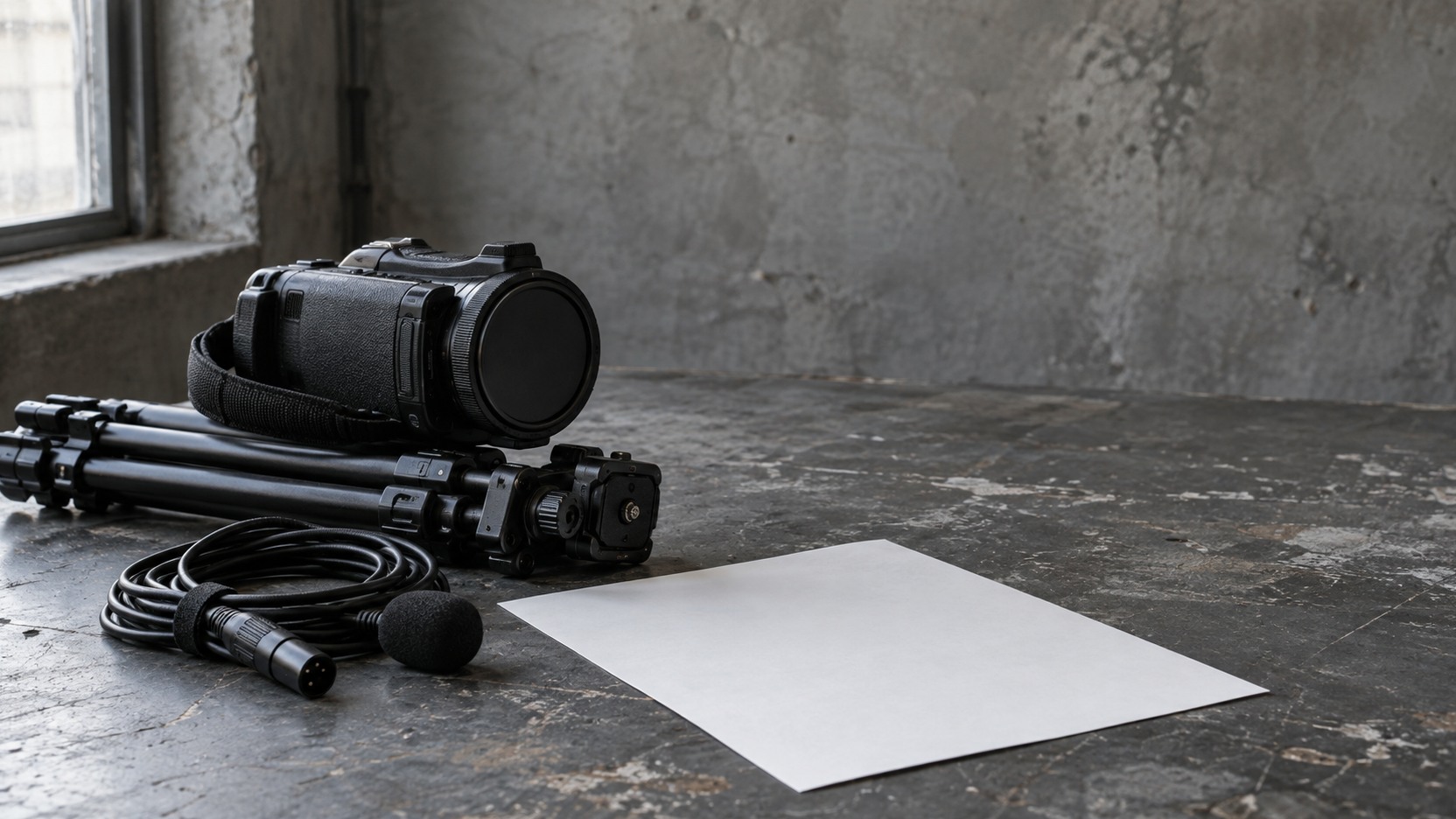 A small camera on a folded tripod beside a coiled microphone cable and a blank shot list on a studio table.