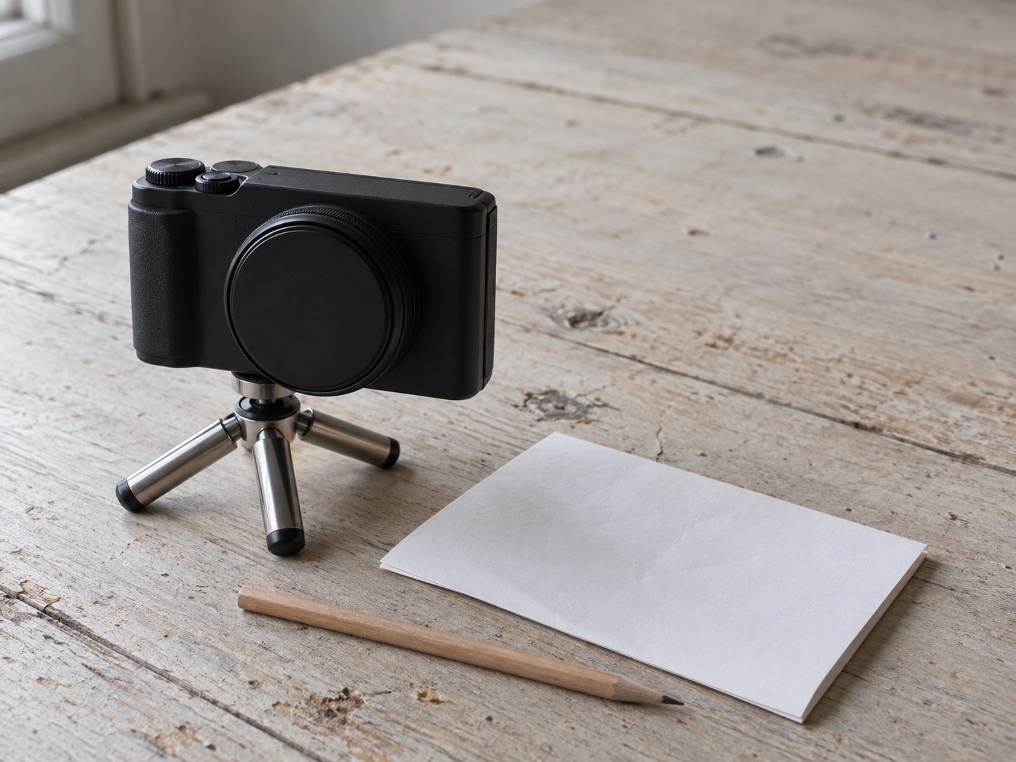 A small camera on a short tripod beside a folded sheet of blank paper and a pencil on a pale wooden table.