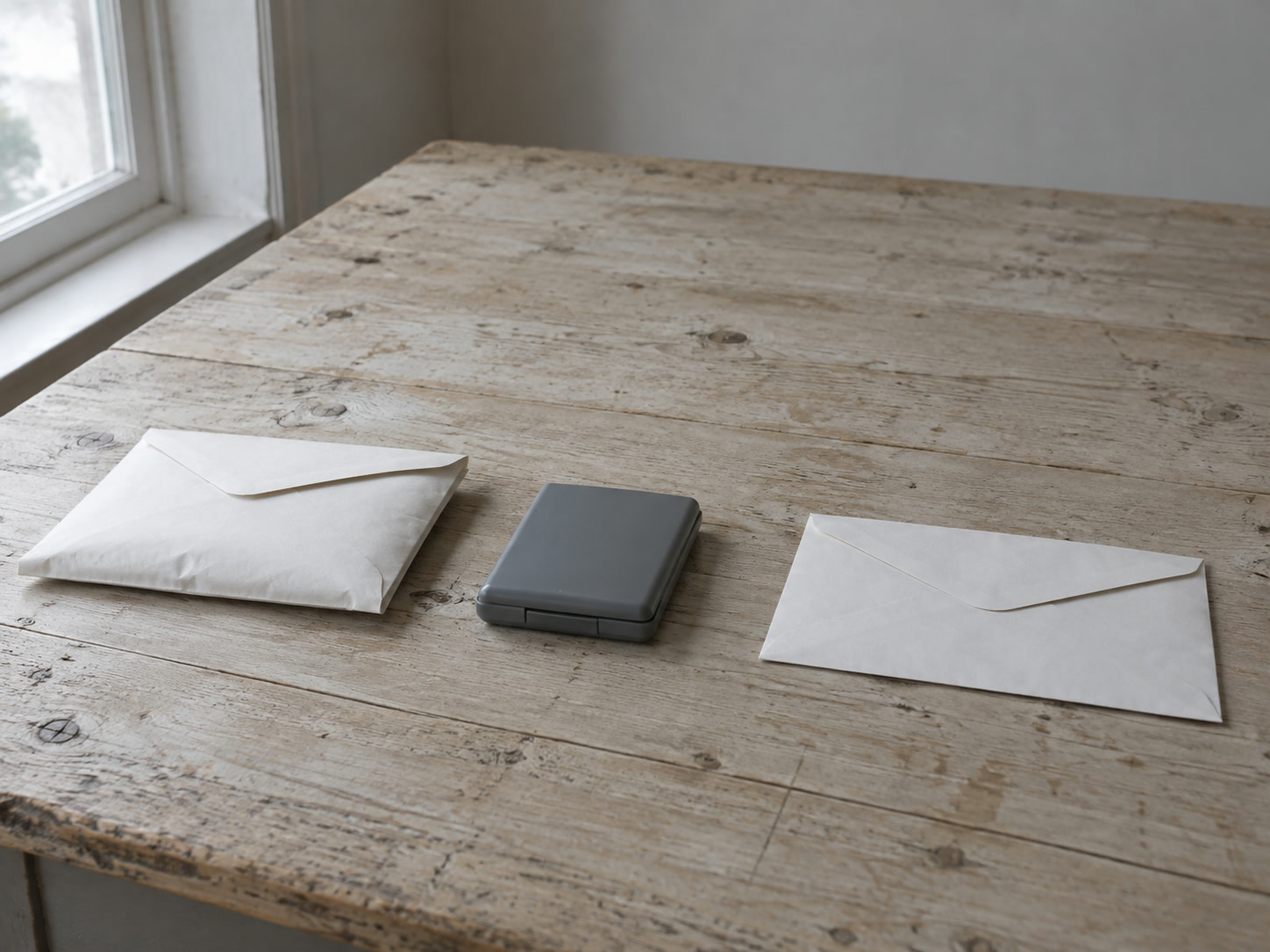 Two plain envelopes kept apart on a wooden table, one thicker than the other, with a closed calculator between them.