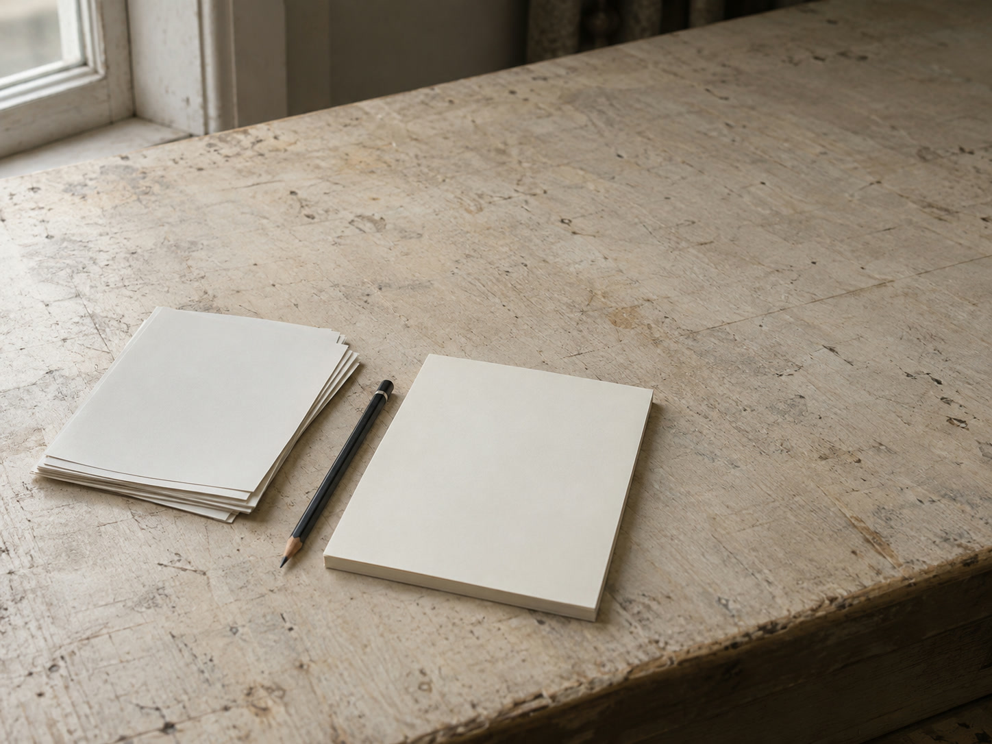 A small stack of printed photos face down beside a pencil and a blank notepad on a shop counter.