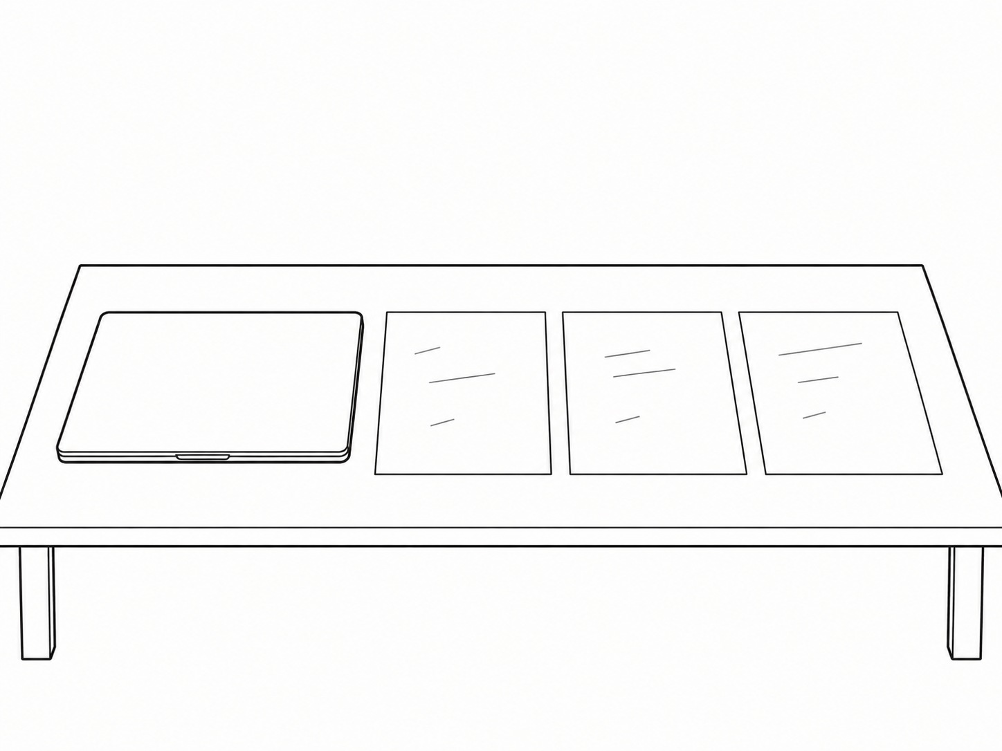 A closed laptop beside three blank sheets of paper laid side by side on a wooden desk, each with a few unreadable pencil marks.